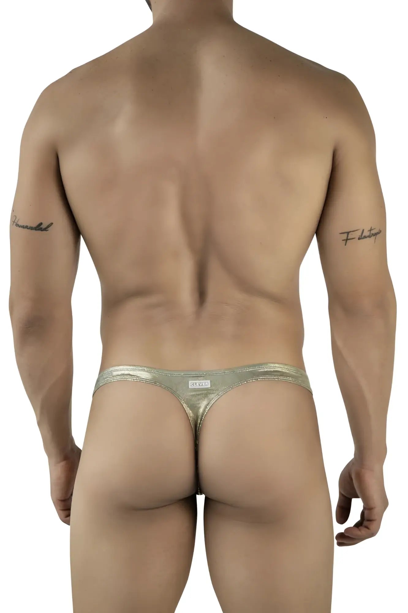 Shiny metallic gold clever 2063 diamond thong with sleek minimalist design and small brand tag at the back