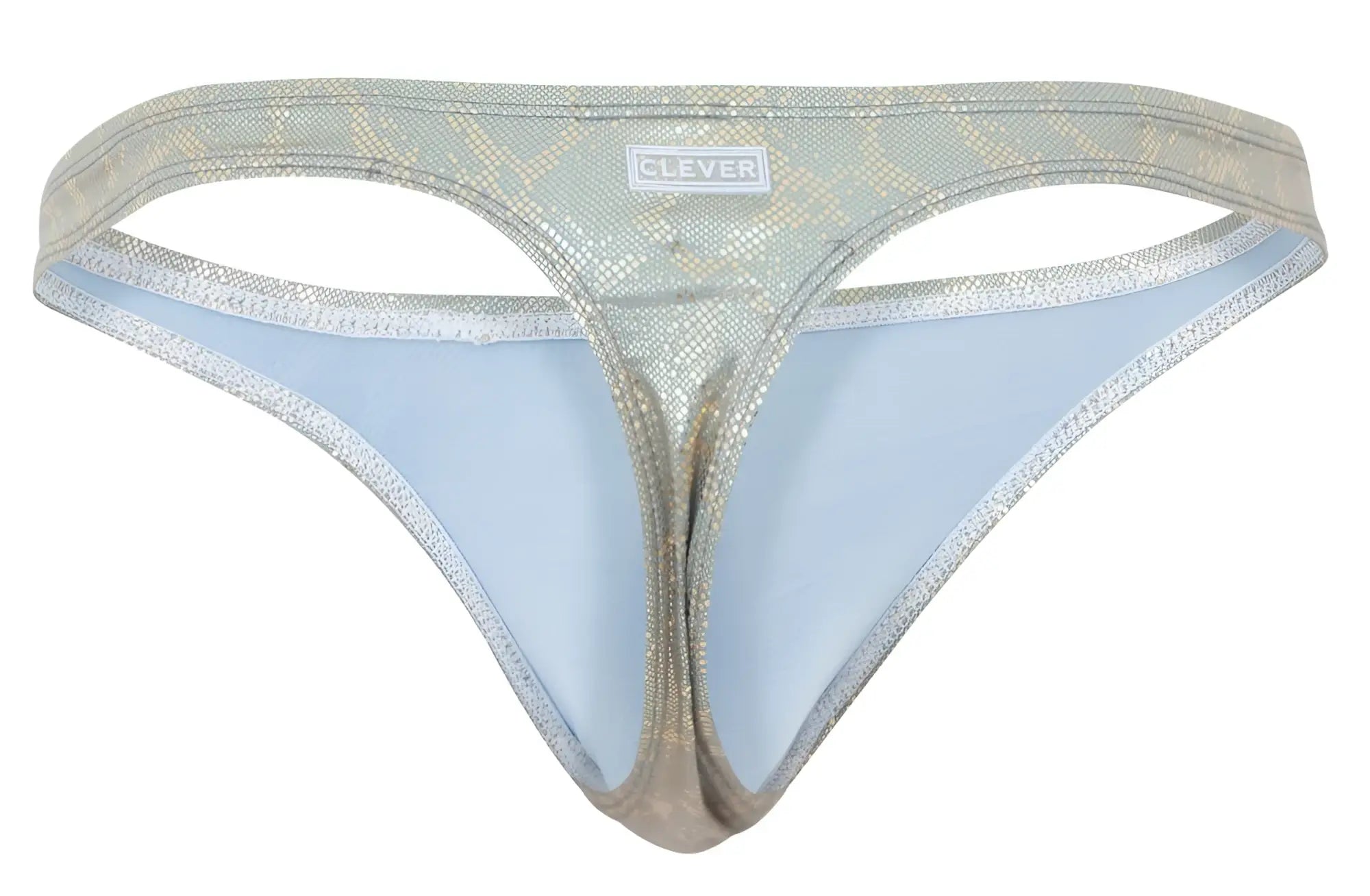 Silver metallic snake-scale patterned thong with light blue lining from Clever 2063 diamond thongs gold color collection