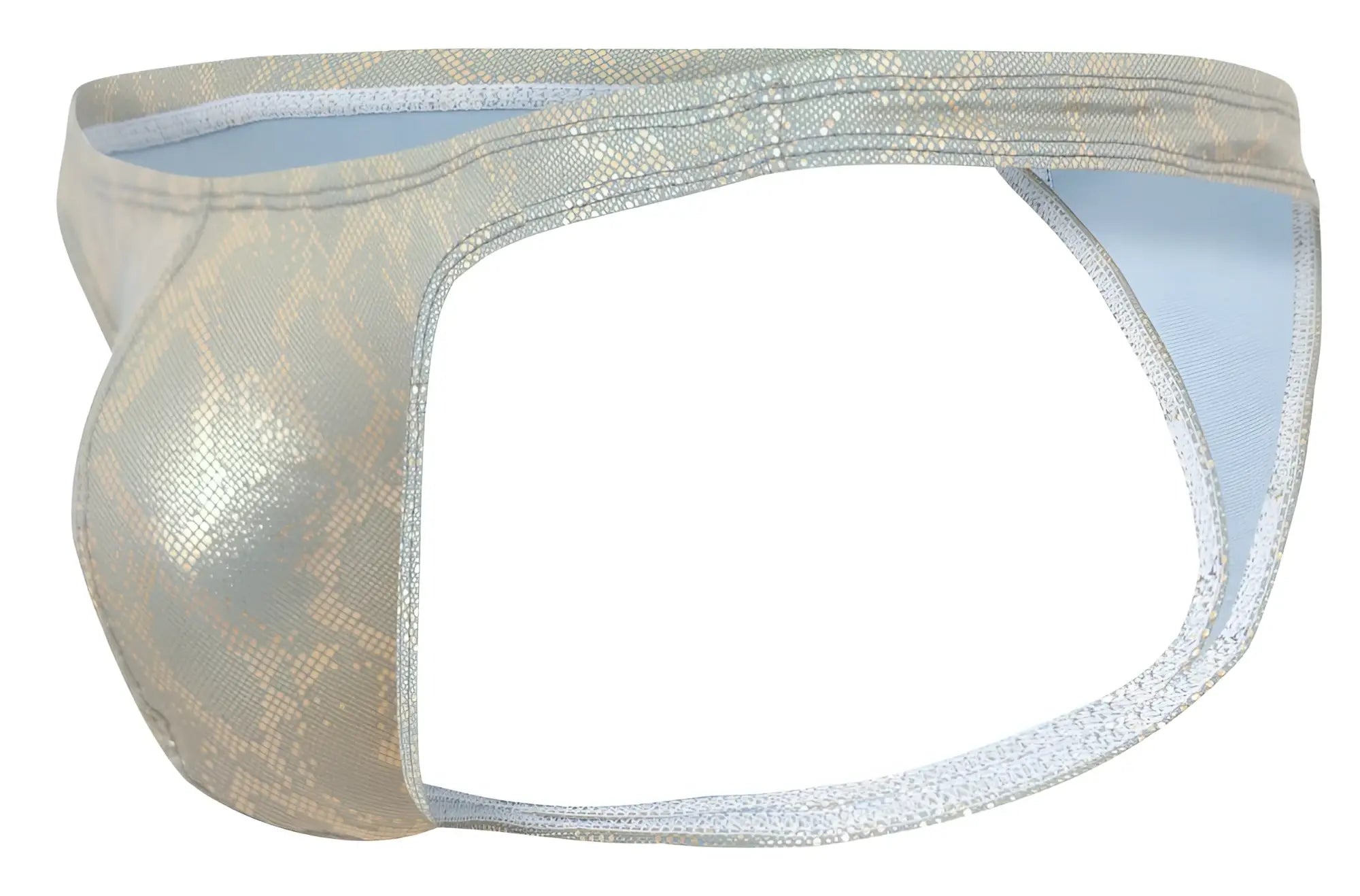 Clever 2063 diamond thong in shimmering silver snake print with light blue lining and gold color accents
