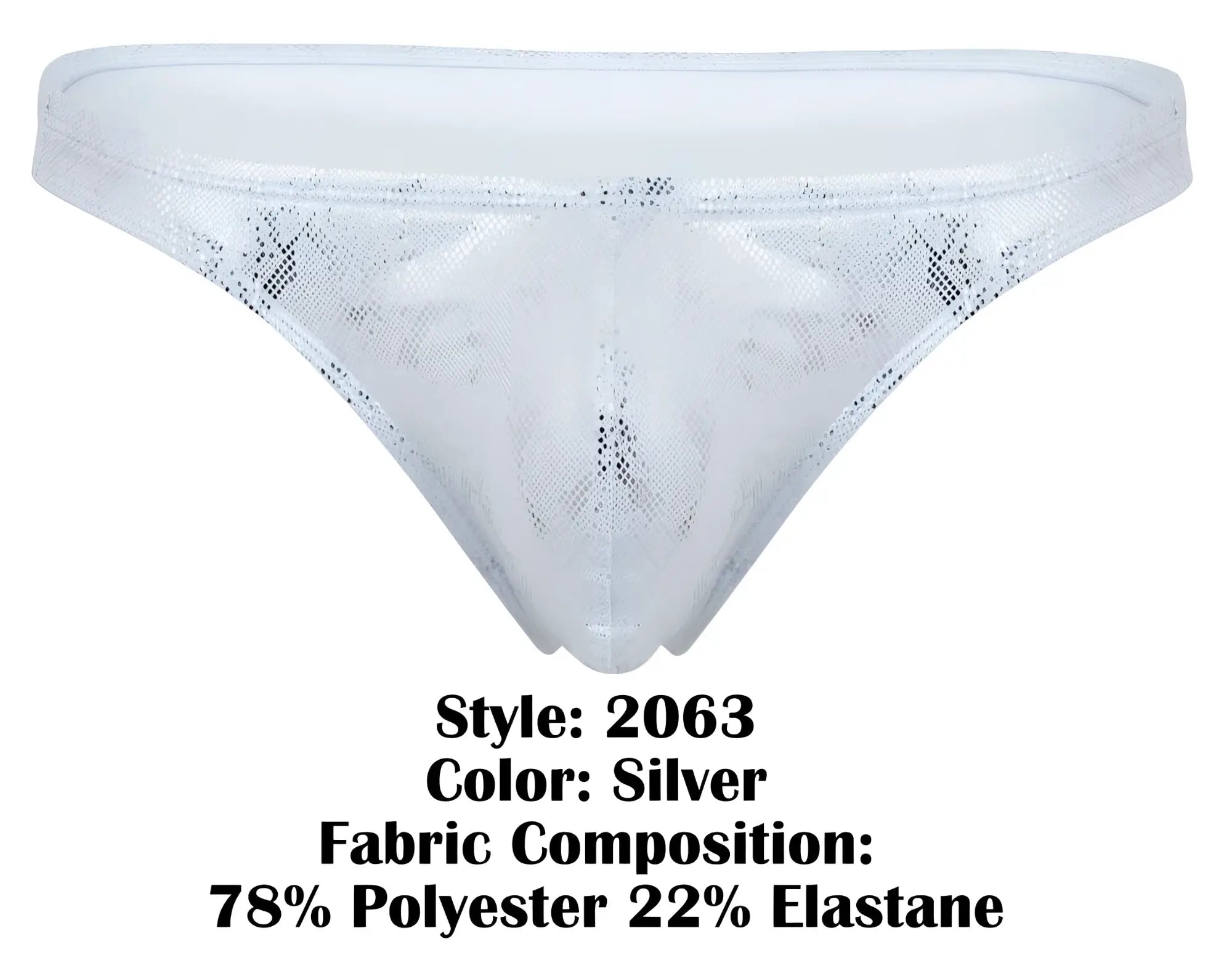 Silver clever 2063 diamond thong with silver lace trim and shimmering mesh texture featuring a subtle pattern