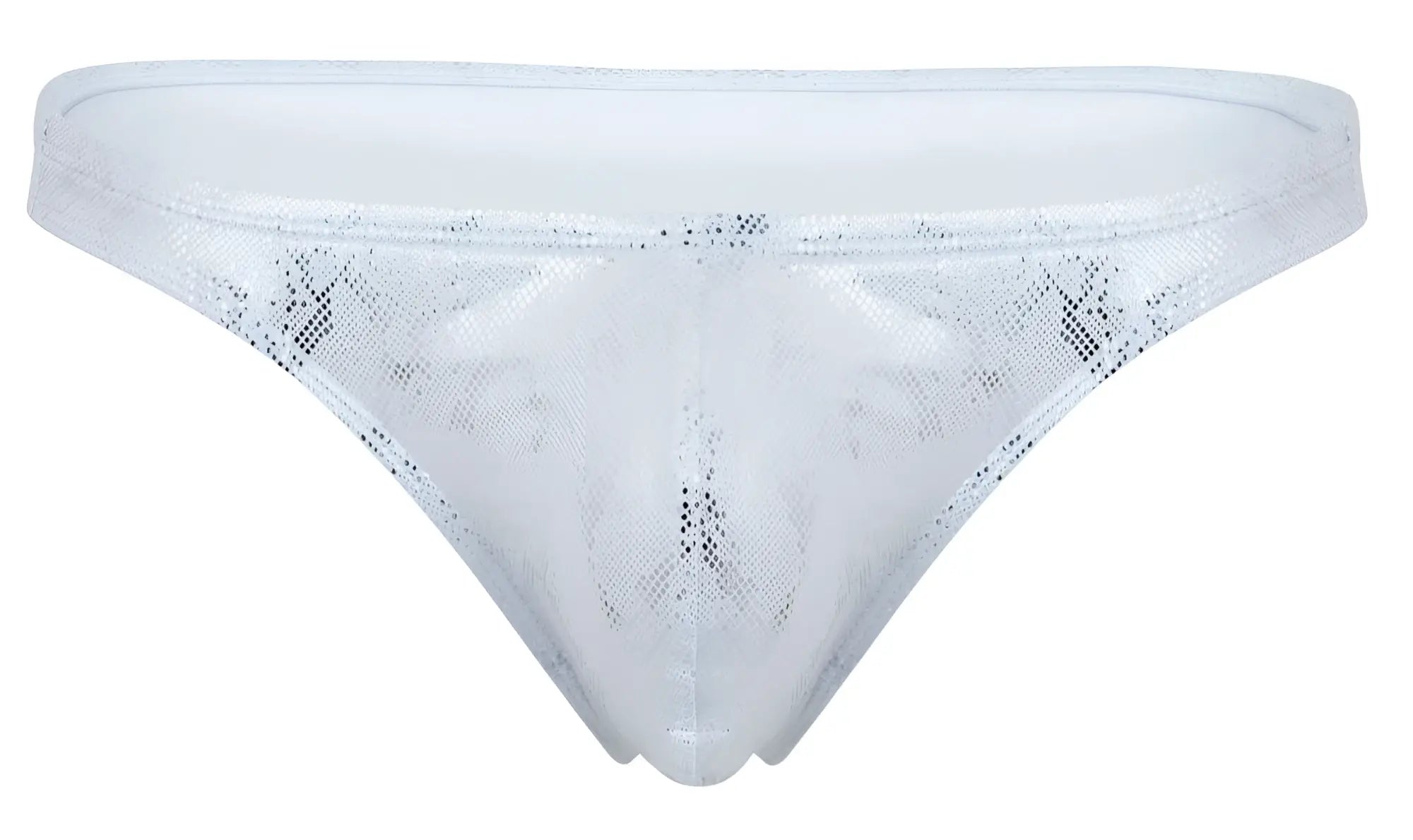 White sequined thong with sheer silver mesh and subtle glittery detailing clever 2063 diamond thongs color silver