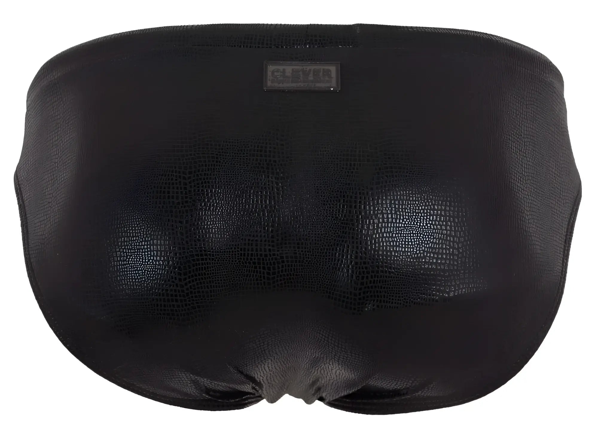 Black clever 2065 gorgona swim briefs with subtle crocodile texture and small rectangular brand tag at waistband