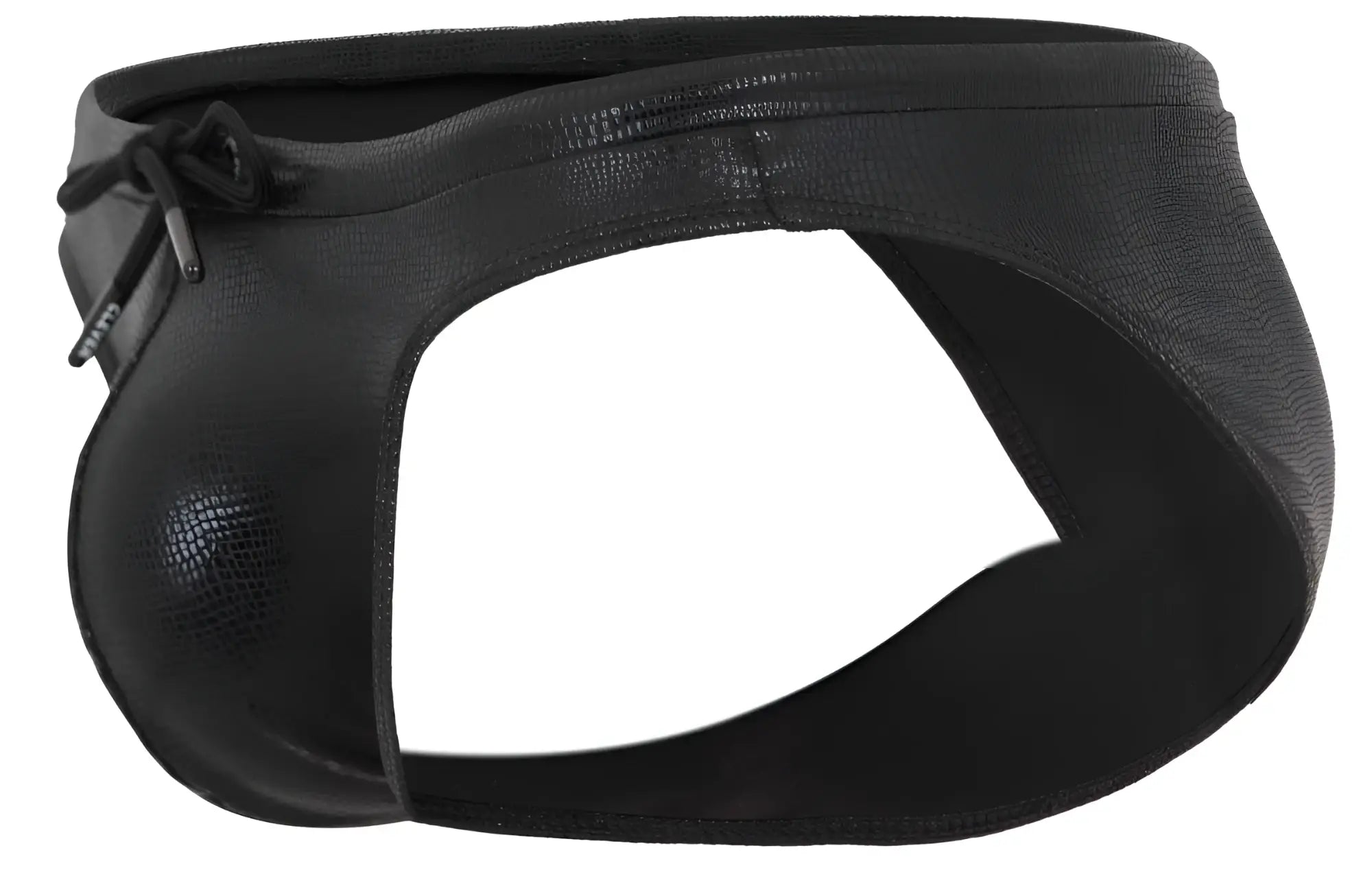 Black clever 2065 gorgona swim briefs in faux leather with textured glossy finish and adjustable drawstring closure