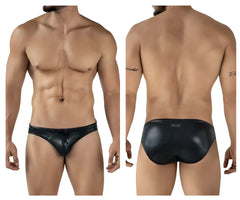Black leather-textured Clever 2065 Gorgona swim briefs with a drawstring waistband for stylish swimwear use