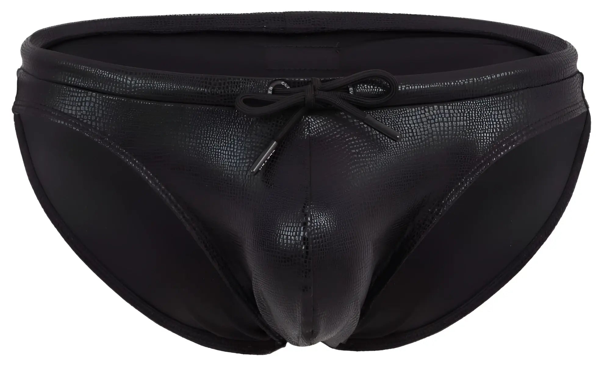 Black men’s Clever 2065 Gorgona swim briefs with reptile-skin texture and matching drawstring bow at the waist