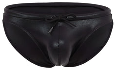 Black men’s Clever 2065 Gorgona swim briefs with reptile-skin texture and matching drawstring bow at the waist