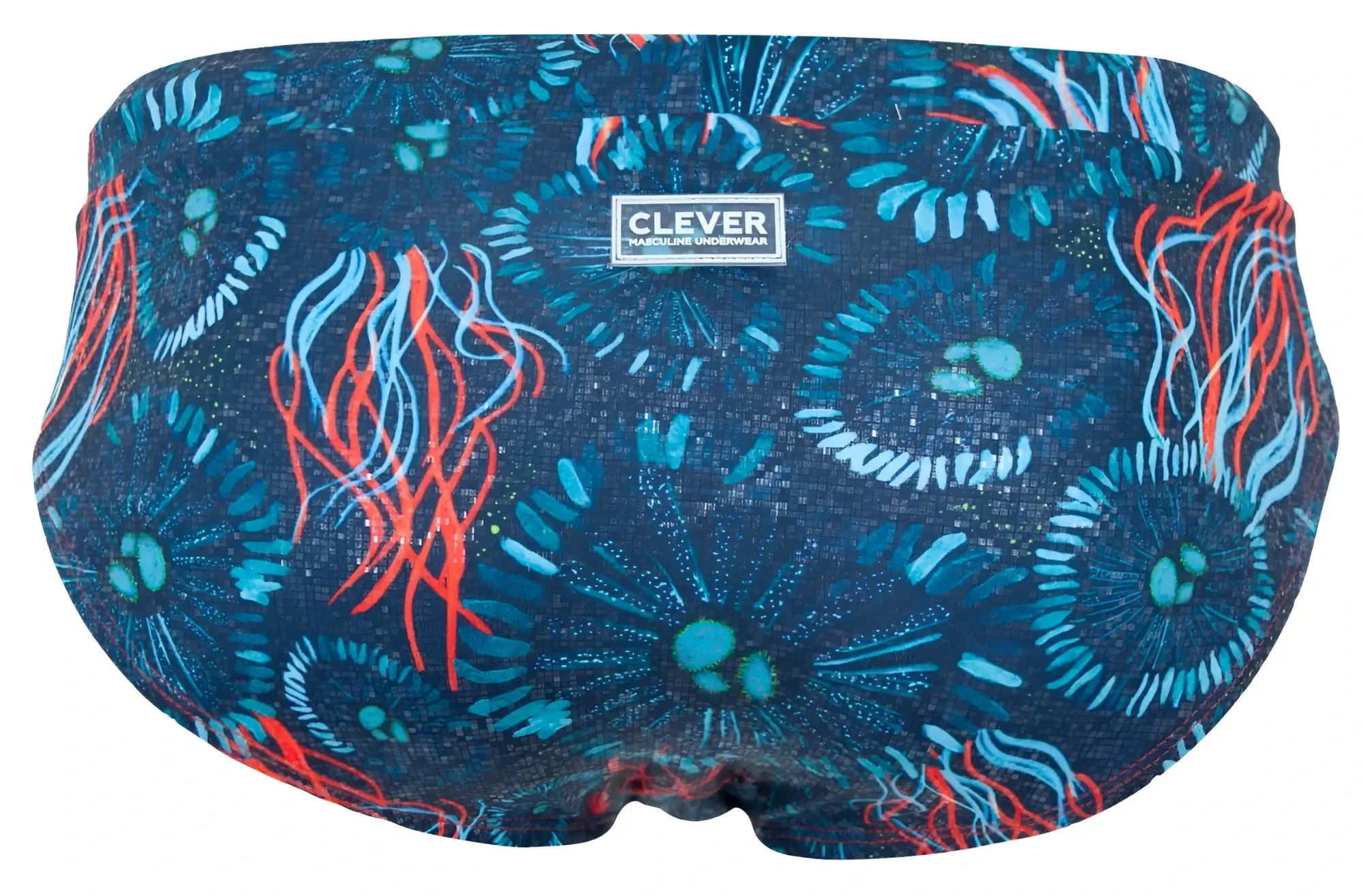 Clever 2066 Malpelo swim briefs in dark blue with blue and red jellyfish pattern for stylish swimwear use