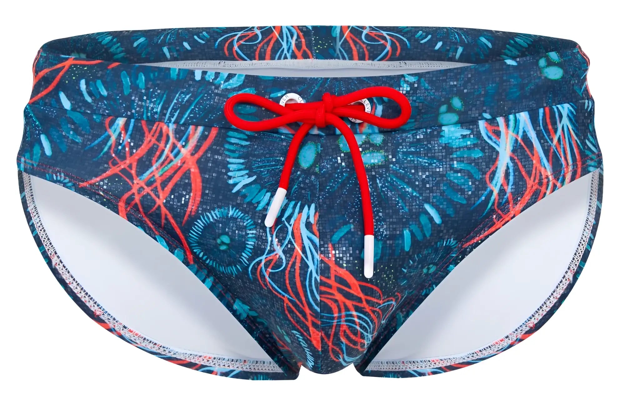 Clever 2066 malpelo swim briefs in dark blue with blue and red jellyfish pattern and bright red drawstring front view