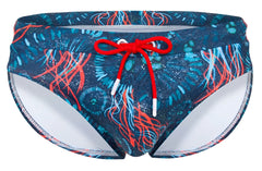 Clever 2066 malpelo swim briefs in dark blue with blue and red jellyfish pattern and bright red drawstring front view