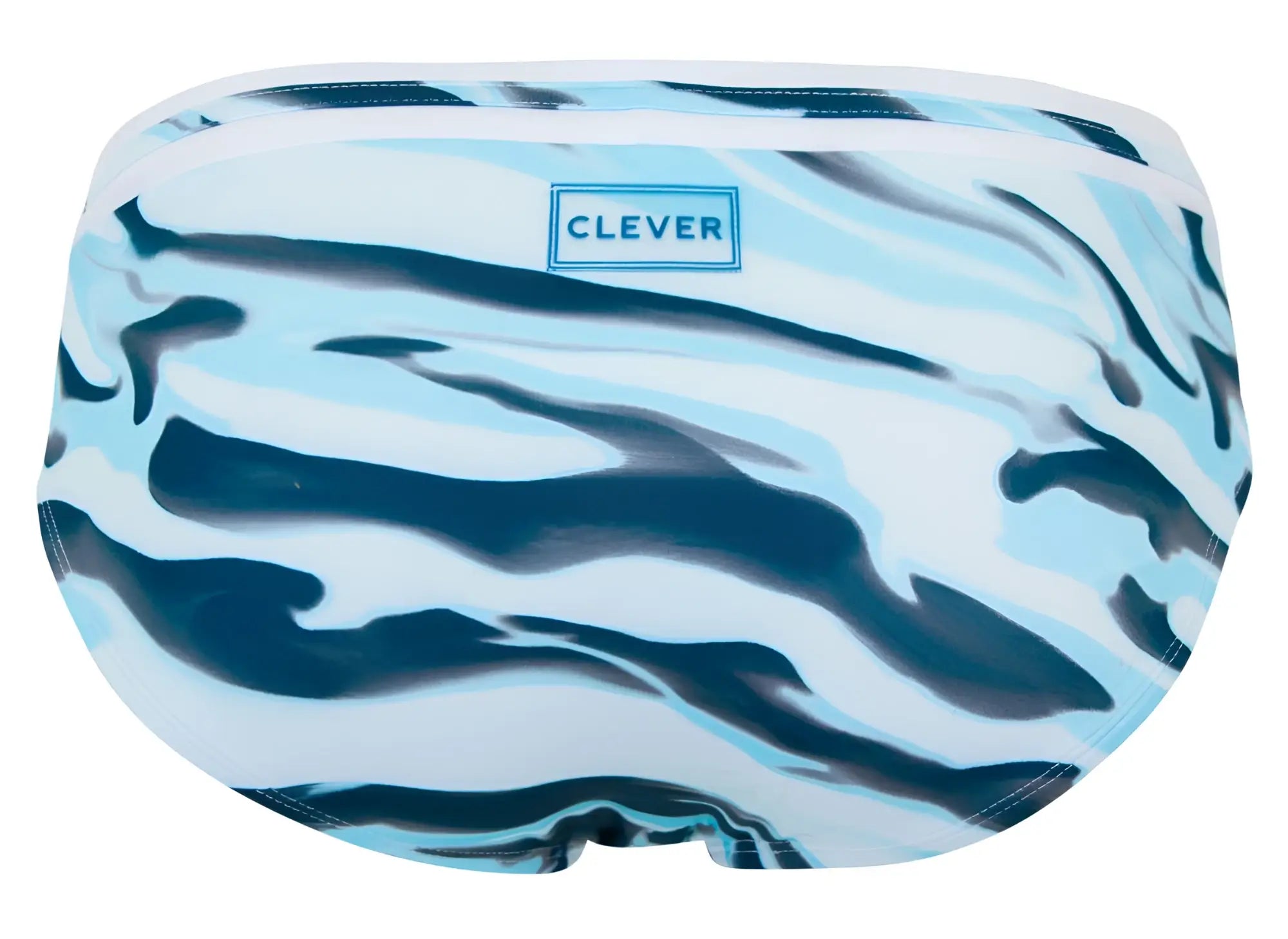 Clever 2067 Baru swim briefs feature bold blue and white zebra-striped pattern with subtle gradient effect