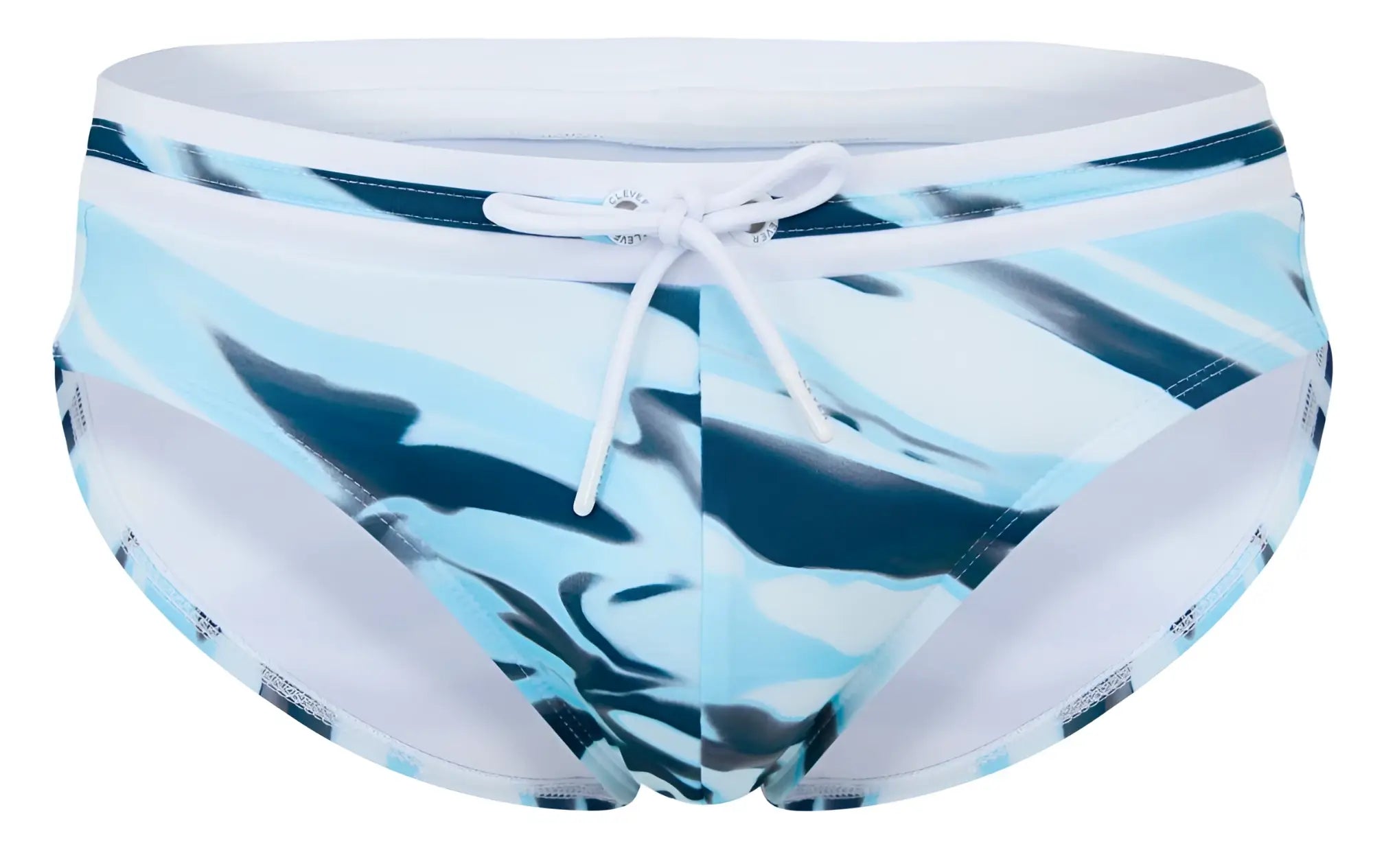 Clever 2067 baru swim briefs in blue with blue and white camouflage pattern and white drawstring waistband