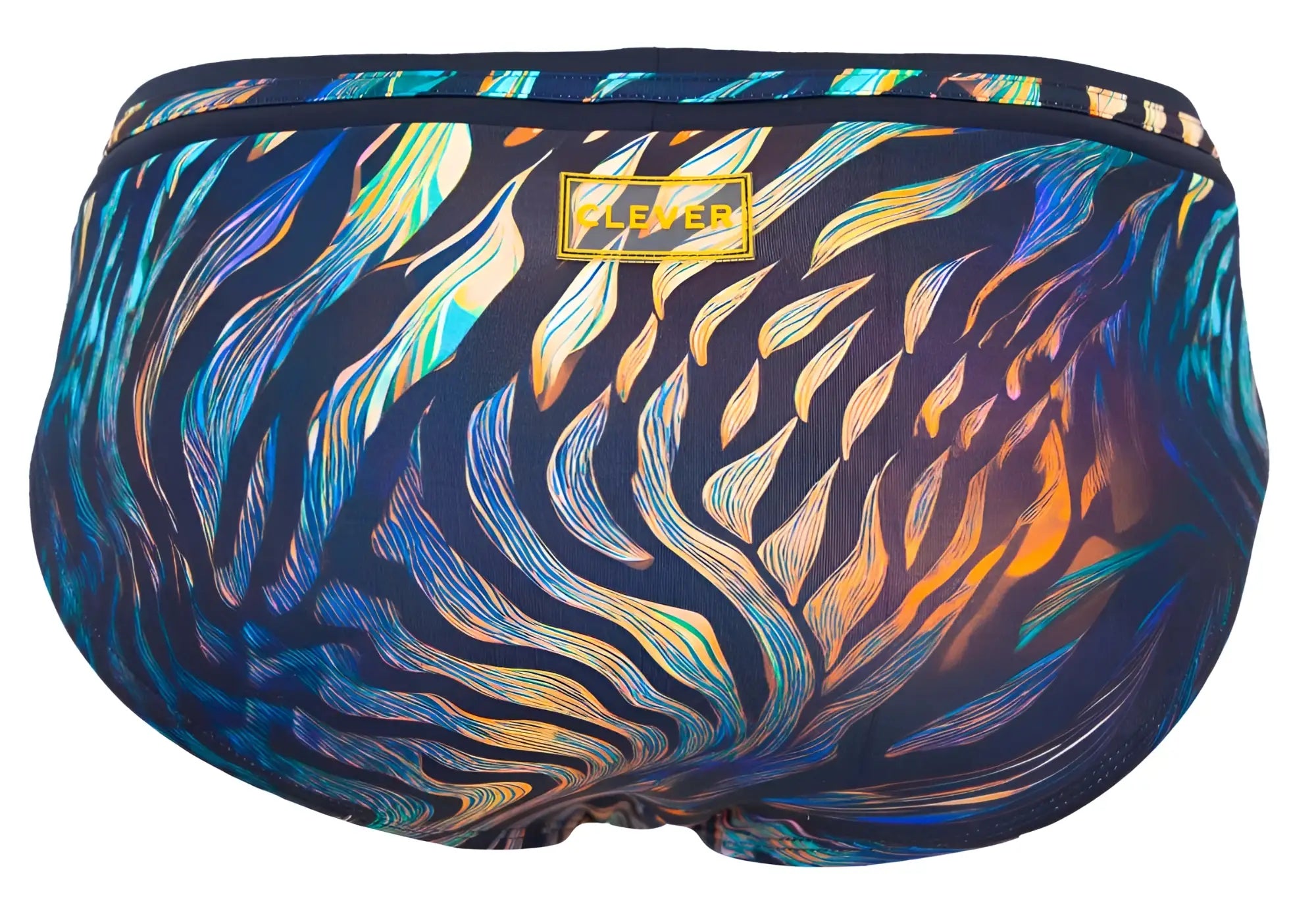 Clever 2068 tumaco swim briefs in black feature vibrant abstract wave patterns in blue teal orange and gold on navy