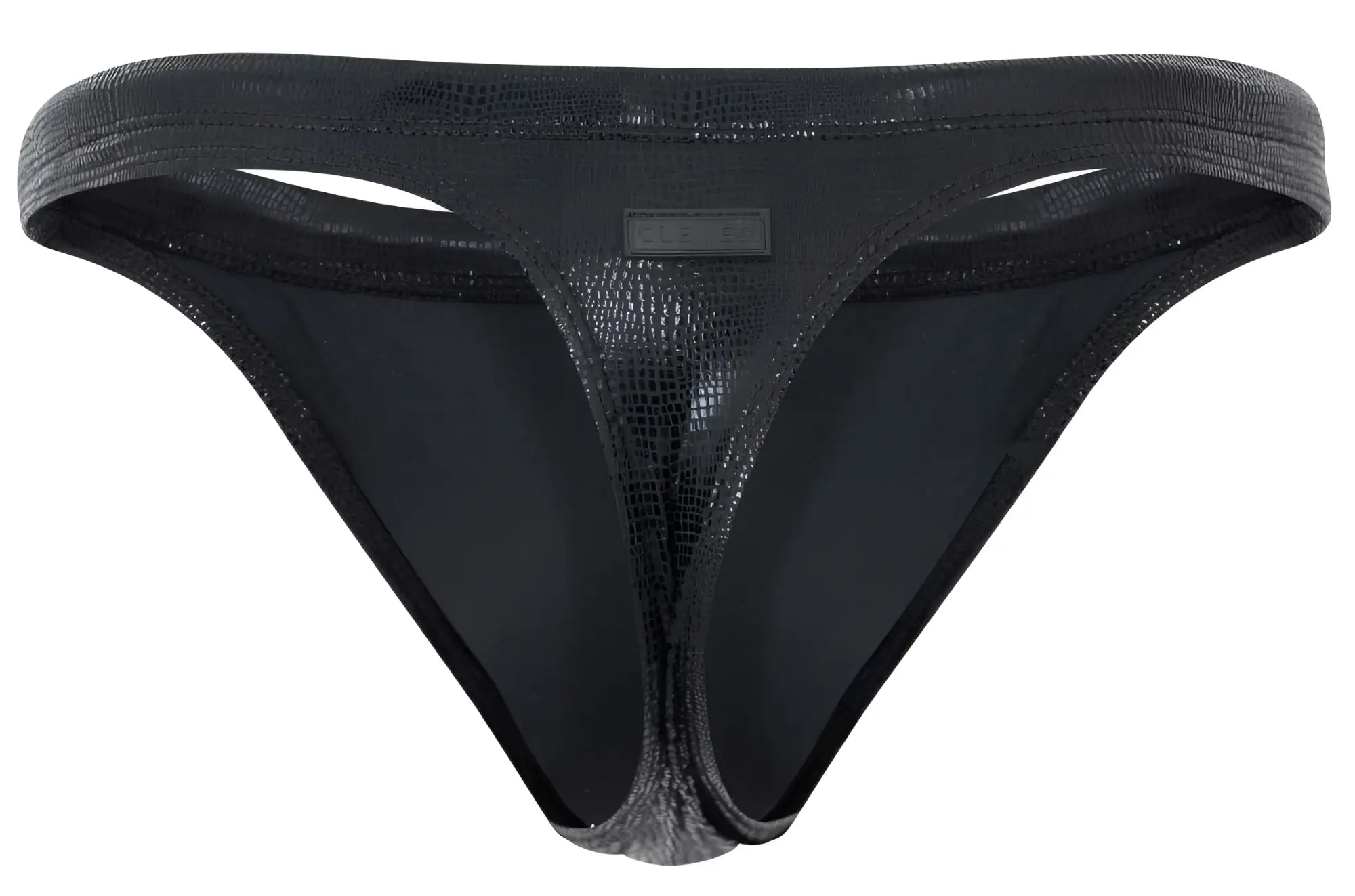 Black crocodile-textured clever 2071 gorgona swim thong with sleek form-fitting design and subtle sheen visible from the back