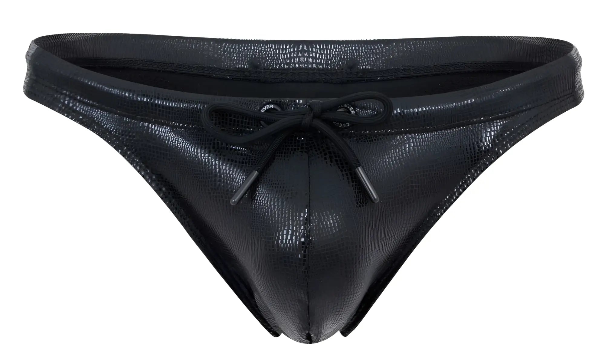 Black clever 2071 gorgona swim thong in faux leather with textured crocodile pattern and matching drawstring tie