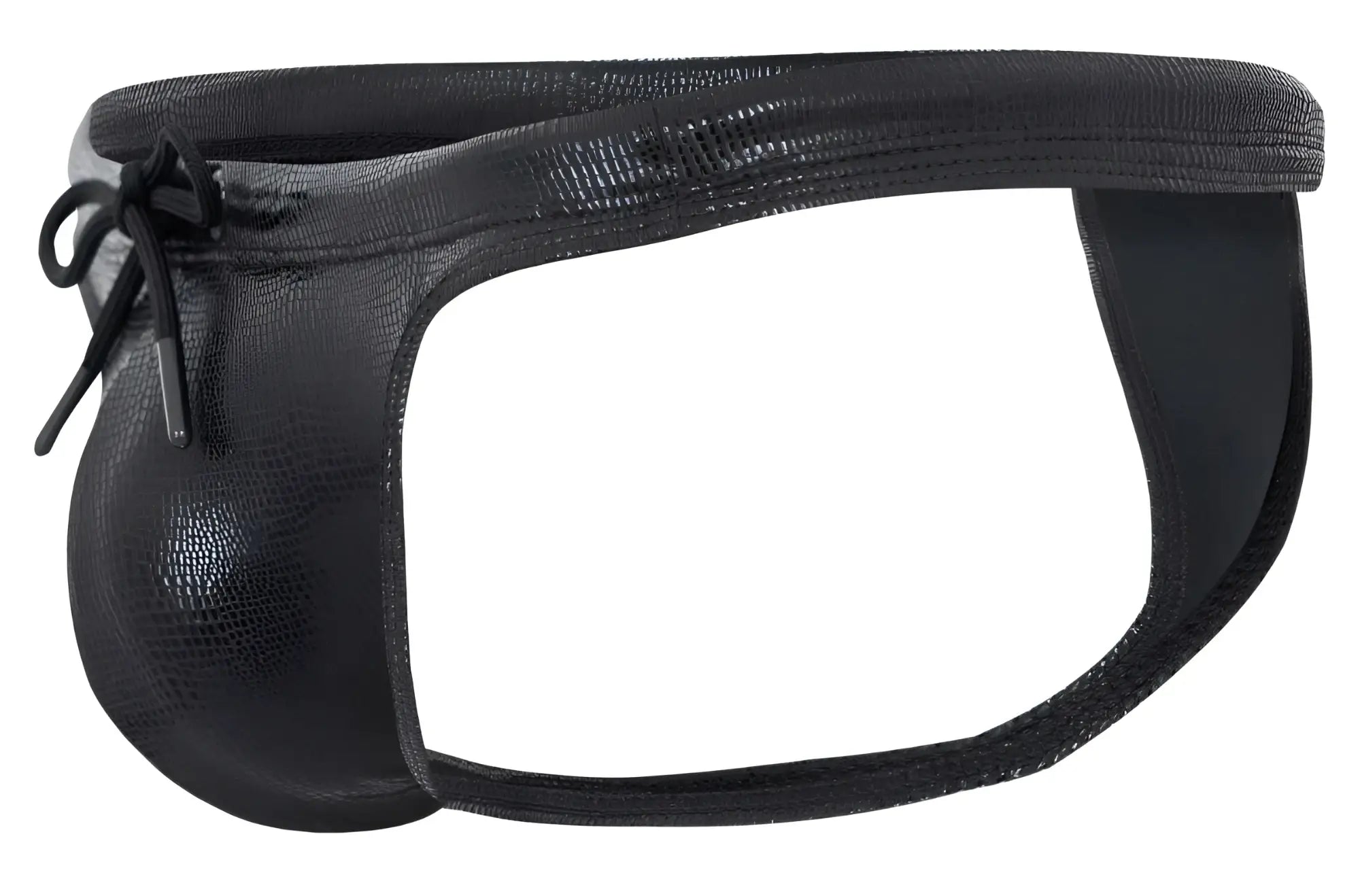 Black clever 2071 gorgona swim thong with textured reptile-skin faux leather and tied bow at the front