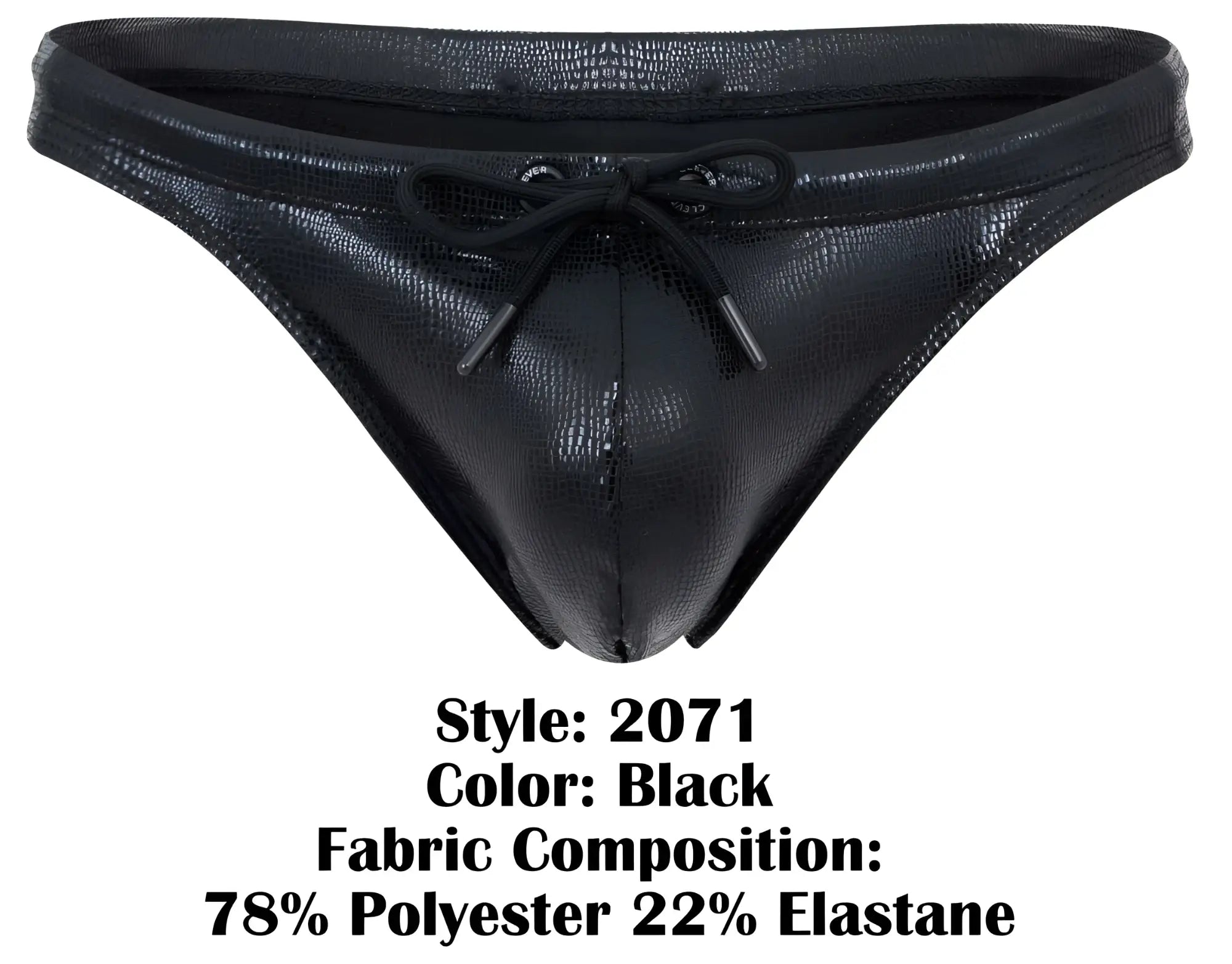Black shiny faux leather swim thong with textured crocodile pattern and black drawstring bow front by clever 2071 gorgona