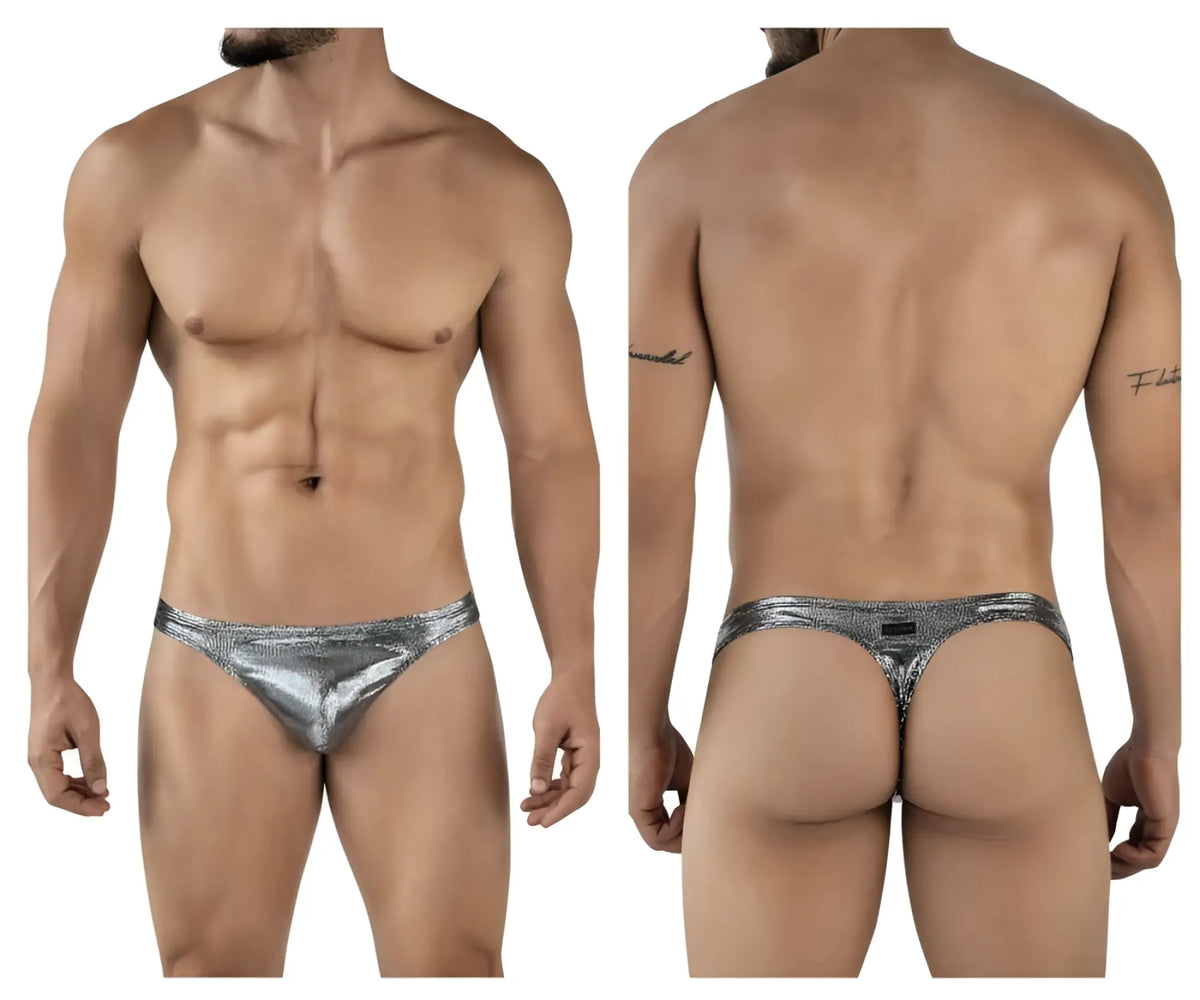 Shiny silver metallic clever 2072 sparkles thong with subtle textured pattern and black brand tag at the back