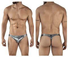 Shiny silver metallic clever 2072 sparkles thong with subtle textured pattern and black brand tag at the back