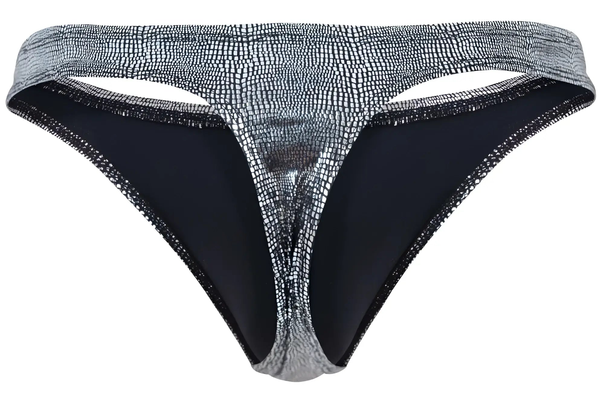 Silver crocodile-patterned thong with black inner lining and glittery trim from clever 2072 sparkles thongs color black