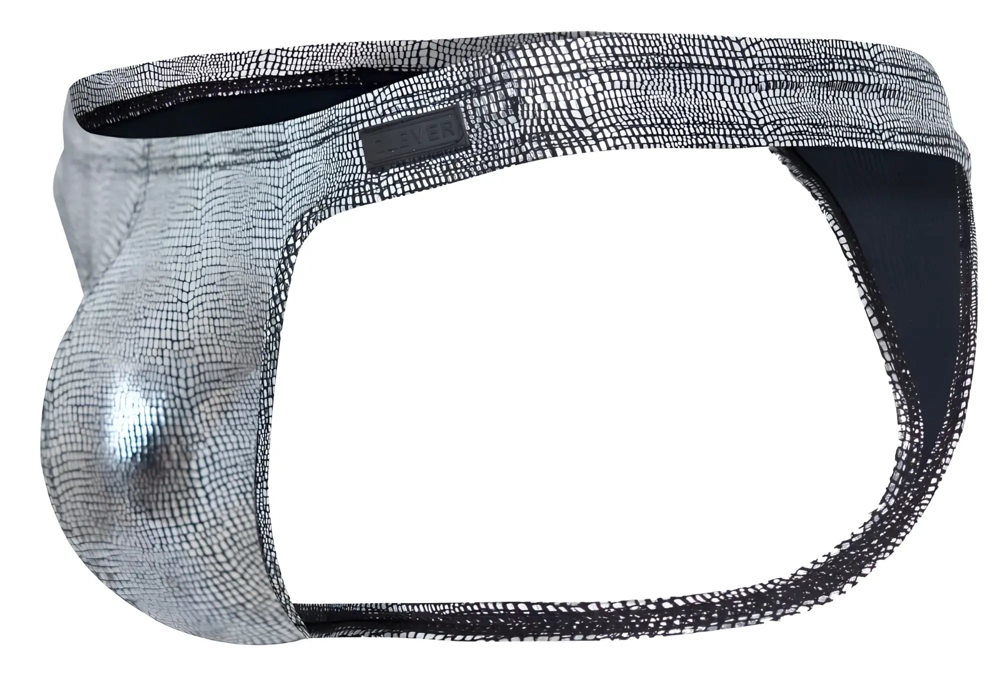 Silver metallic snake-skin patterned men’s thong with black mesh trim and branded label in clever 2072 sparkles color black