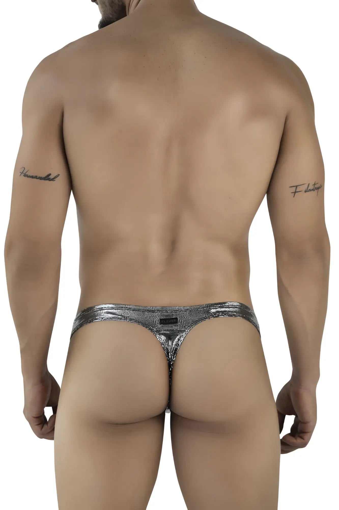Silver sparkly metallic thong in black with sleek form-fitting design from Clever 2072 Sparkles Thongs collection