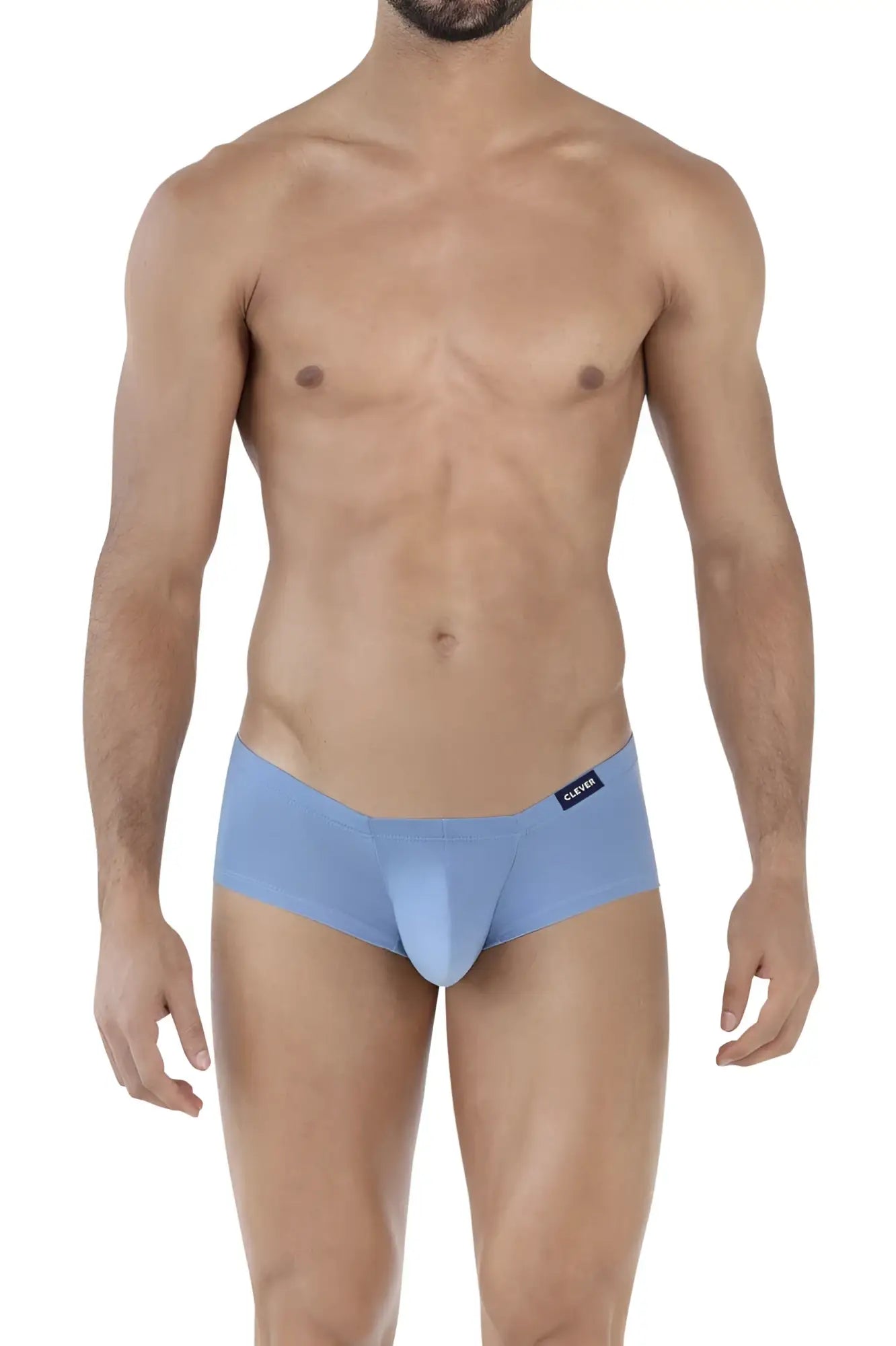 Light blue form-fitting clever men’s briefs with sleek fabric and black brand tag in australian latin trunks 3pk