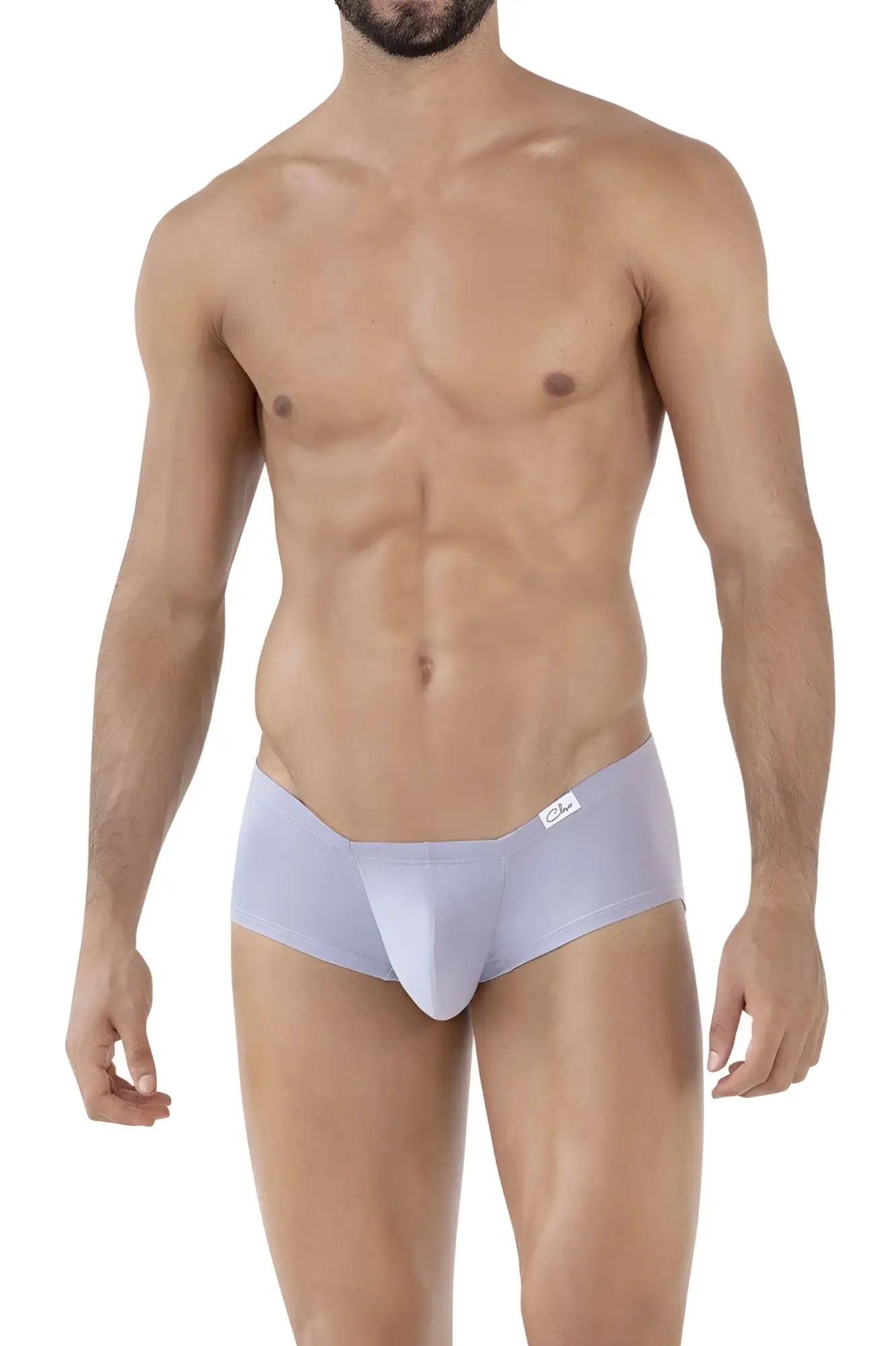 Light gray clever australian latin men’s briefs with smooth stretchy fabric and white brand tag on waistband