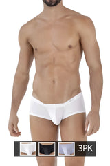 White clever 229930 3pk australian latin trunks with smooth form-fitting briefs and subtle logo on waistband in white black gray
