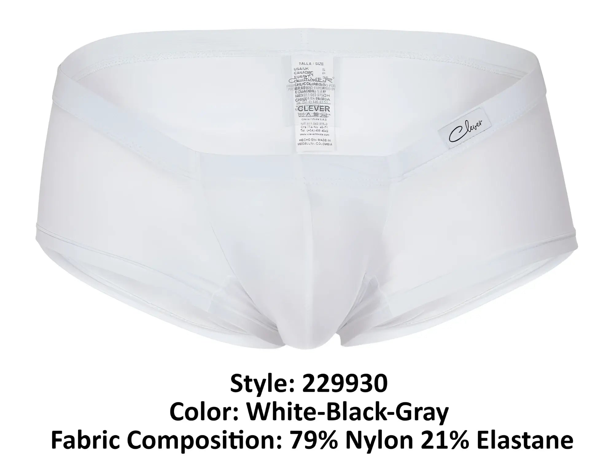 White briefs with subtle black and gray trim made from 79 nylon 21 elastane in clever 229930 3pk australian latin trunks