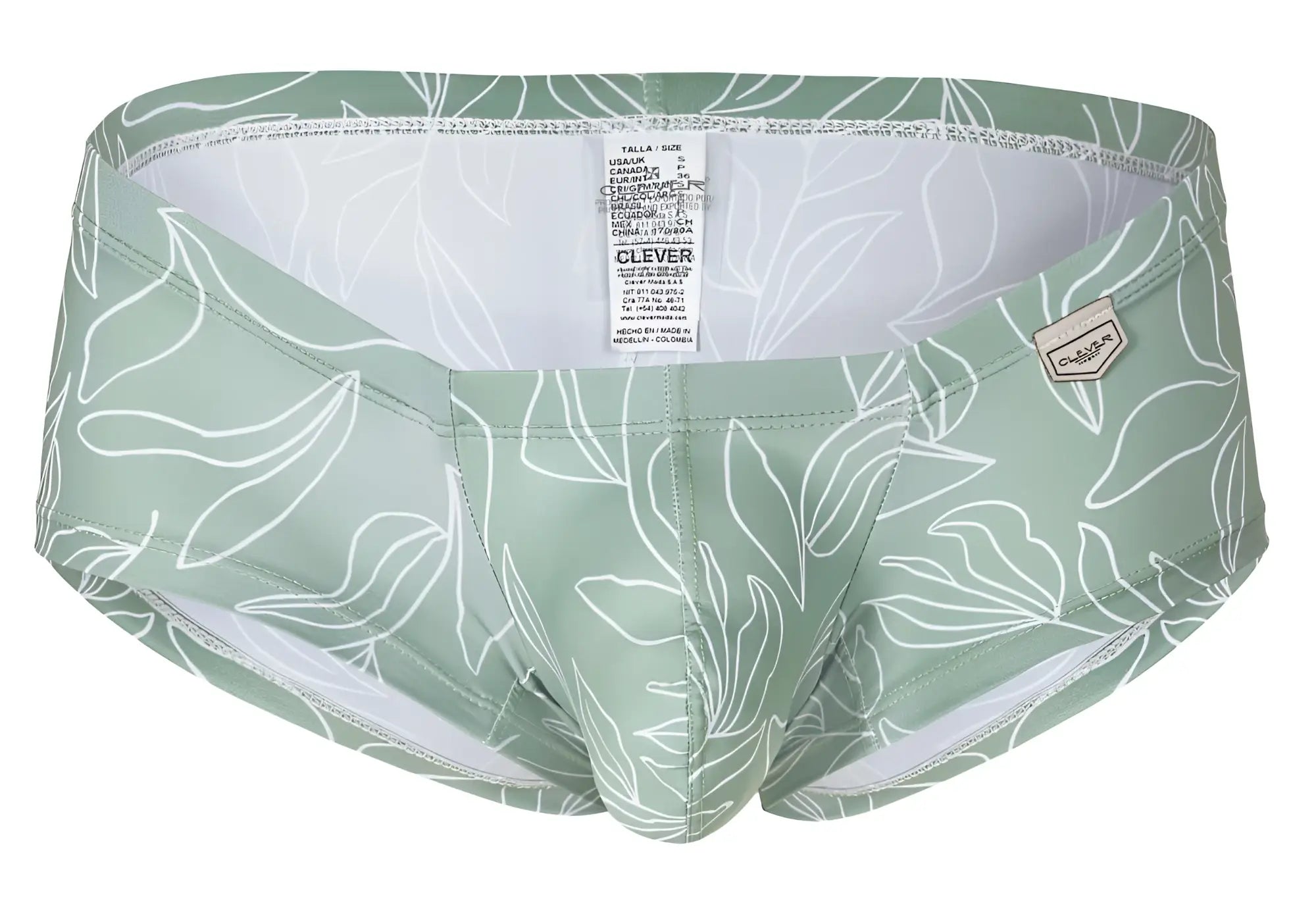 Mint green swim trunks with white leaf pattern and clever branded tag from the australian latin trunks 3pk collection