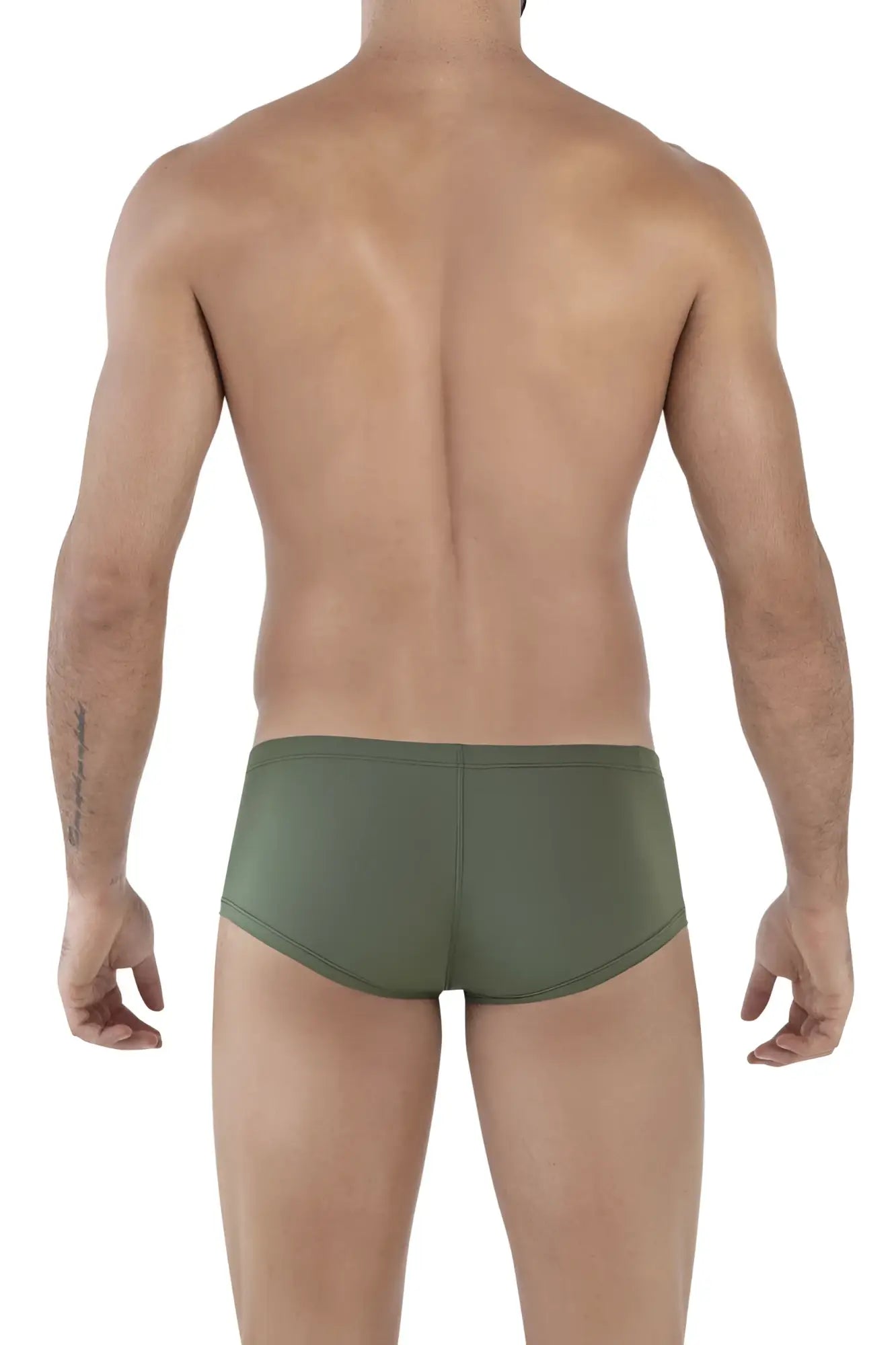 Olive green clever 229934 trunks in smooth form fitting fabric showing back with subtle center seam