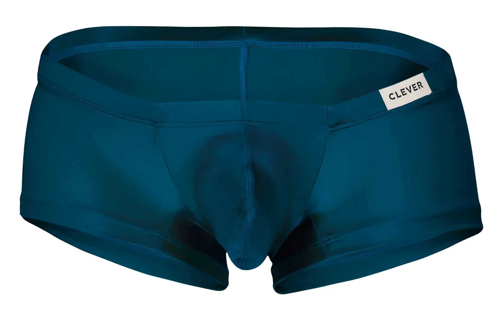 Teal-colored form-fitting men’s briefs with smooth fabric and a small white clever tag on the waistband