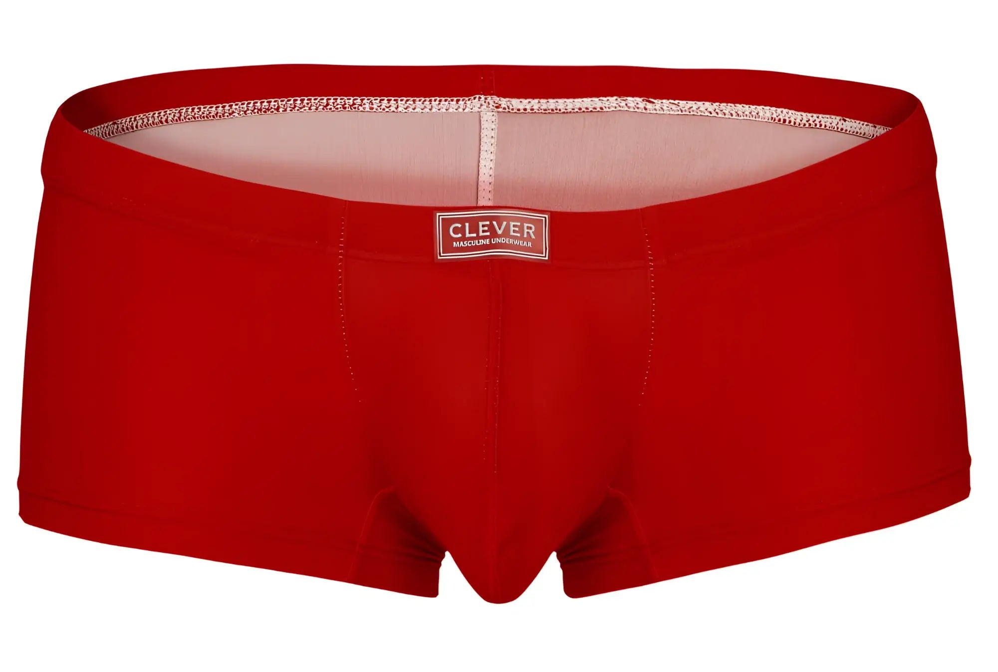 Red men’s briefs with clever brand label on waistband in a multi-colored 7pk trunks set for everyday comfort