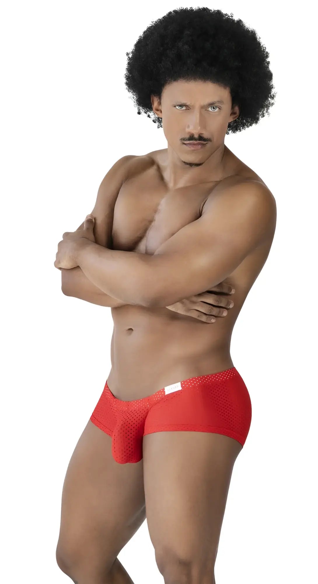 Red mesh briefs with a white waistband label from clever 229947 3PK australian latin trunks in black red and blue colors