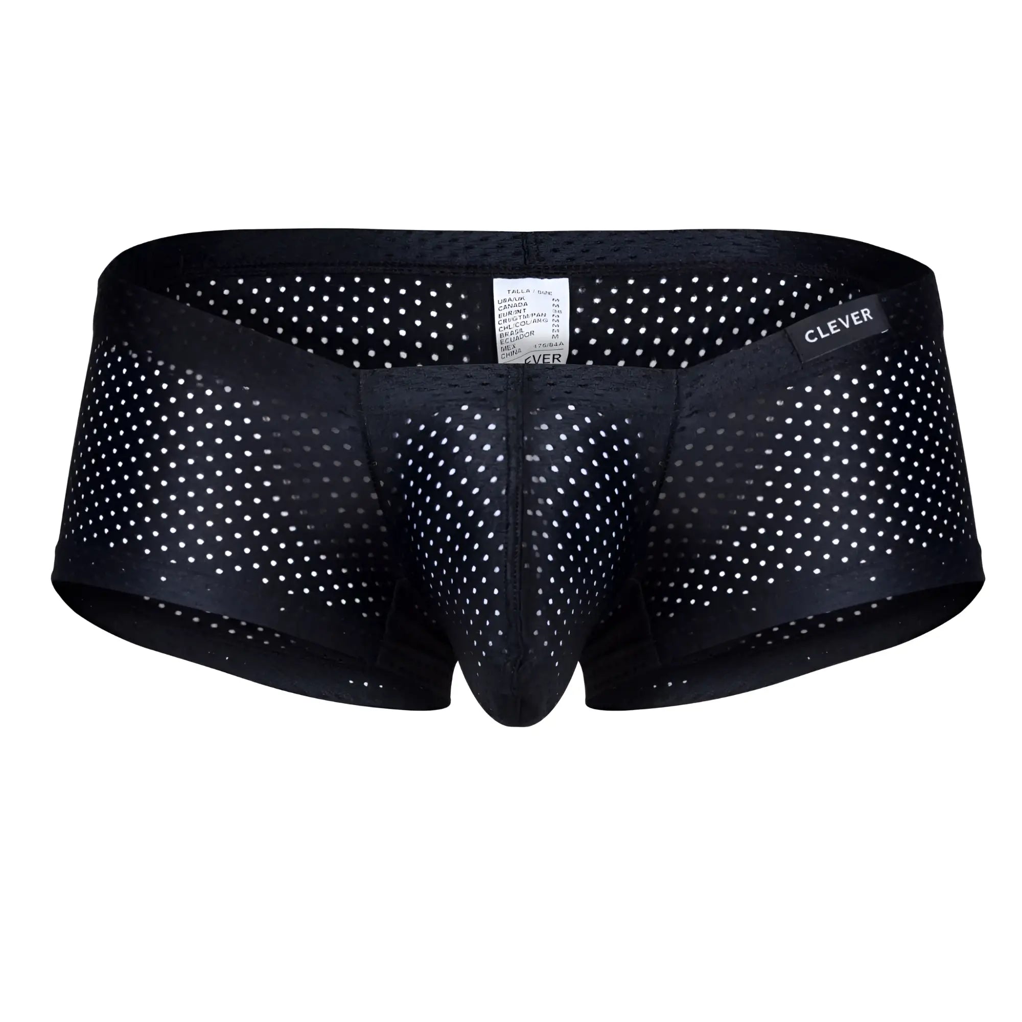 Black mesh briefs with white polka dots featuring clever brand label from clever 229947 australian latin trunks pack