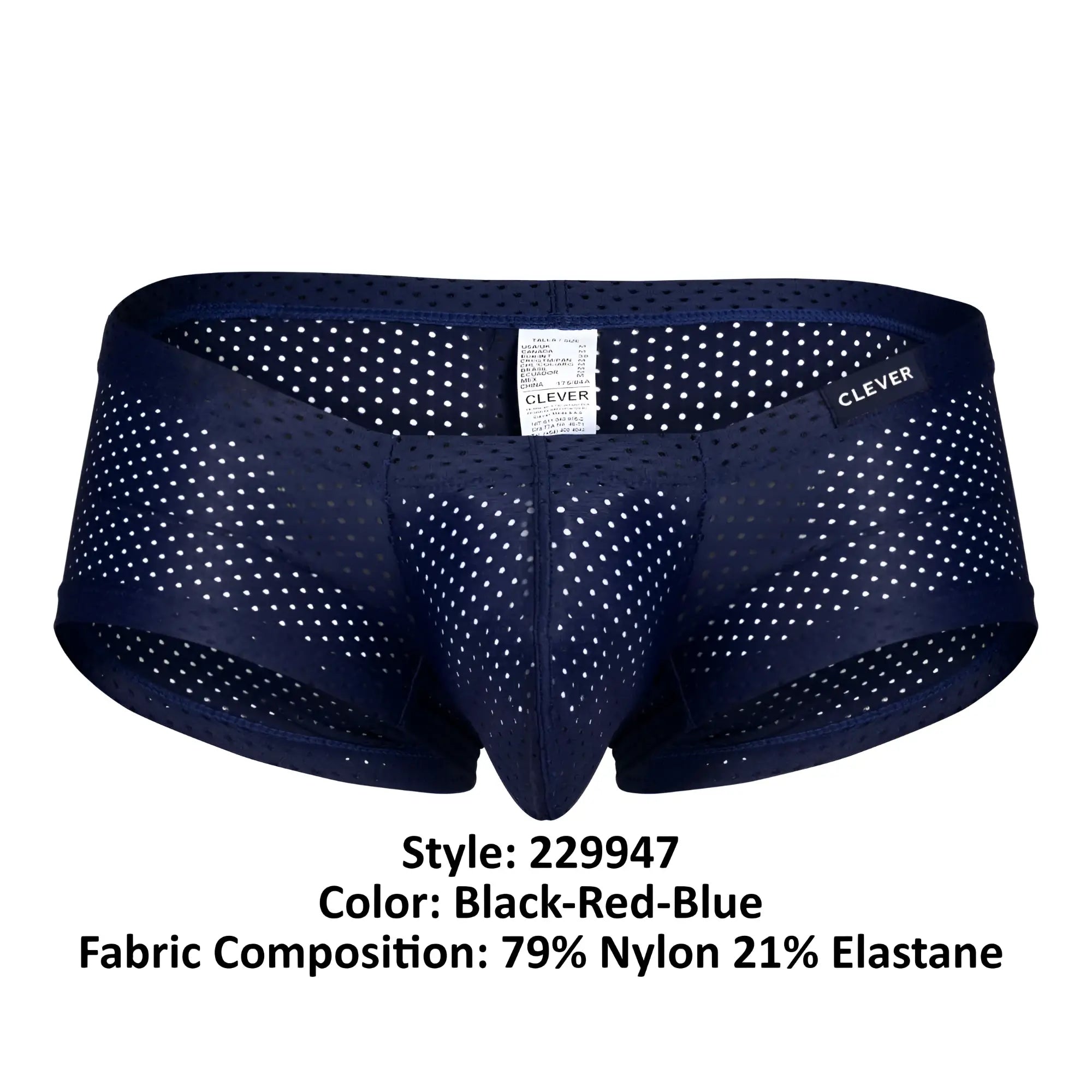 Navy blue mesh briefs with white polka dots and clever brand label from clever 229947 3pk australian latin trunks