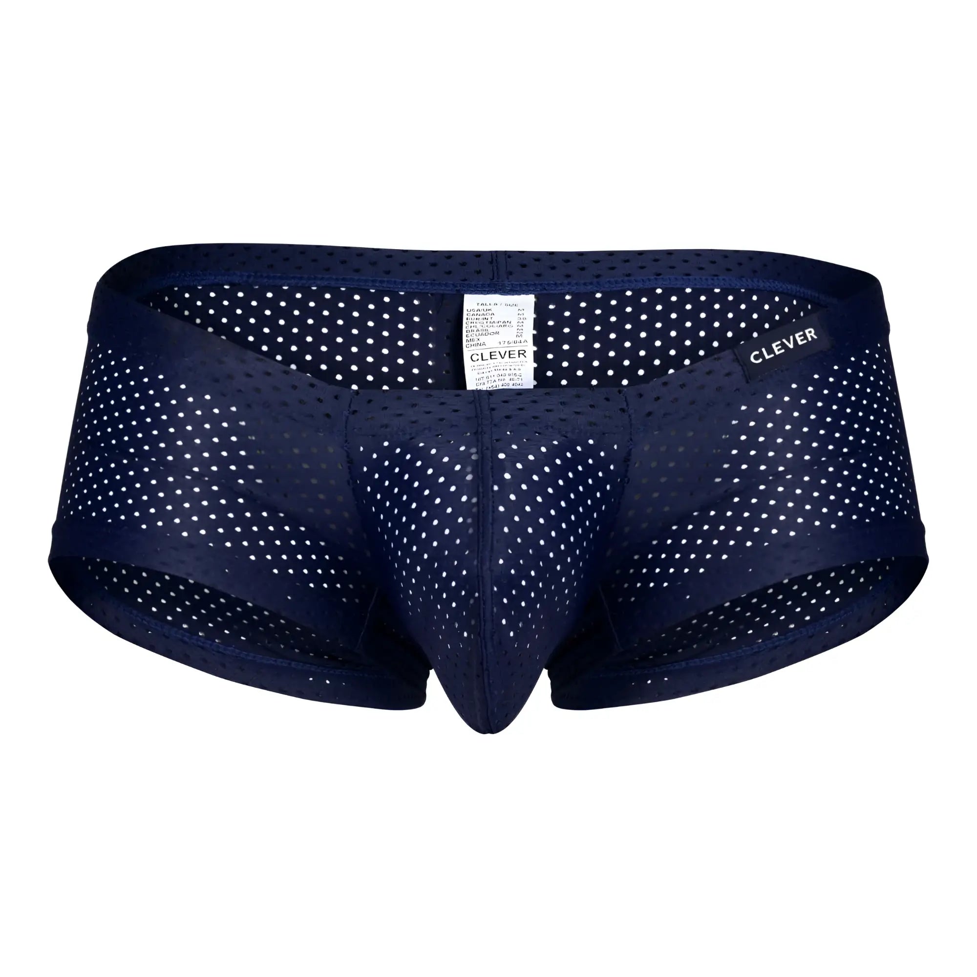Navy blue perforated mesh men’s underwear with white polka dots and clever brand label from clever 229947 3pk trunks