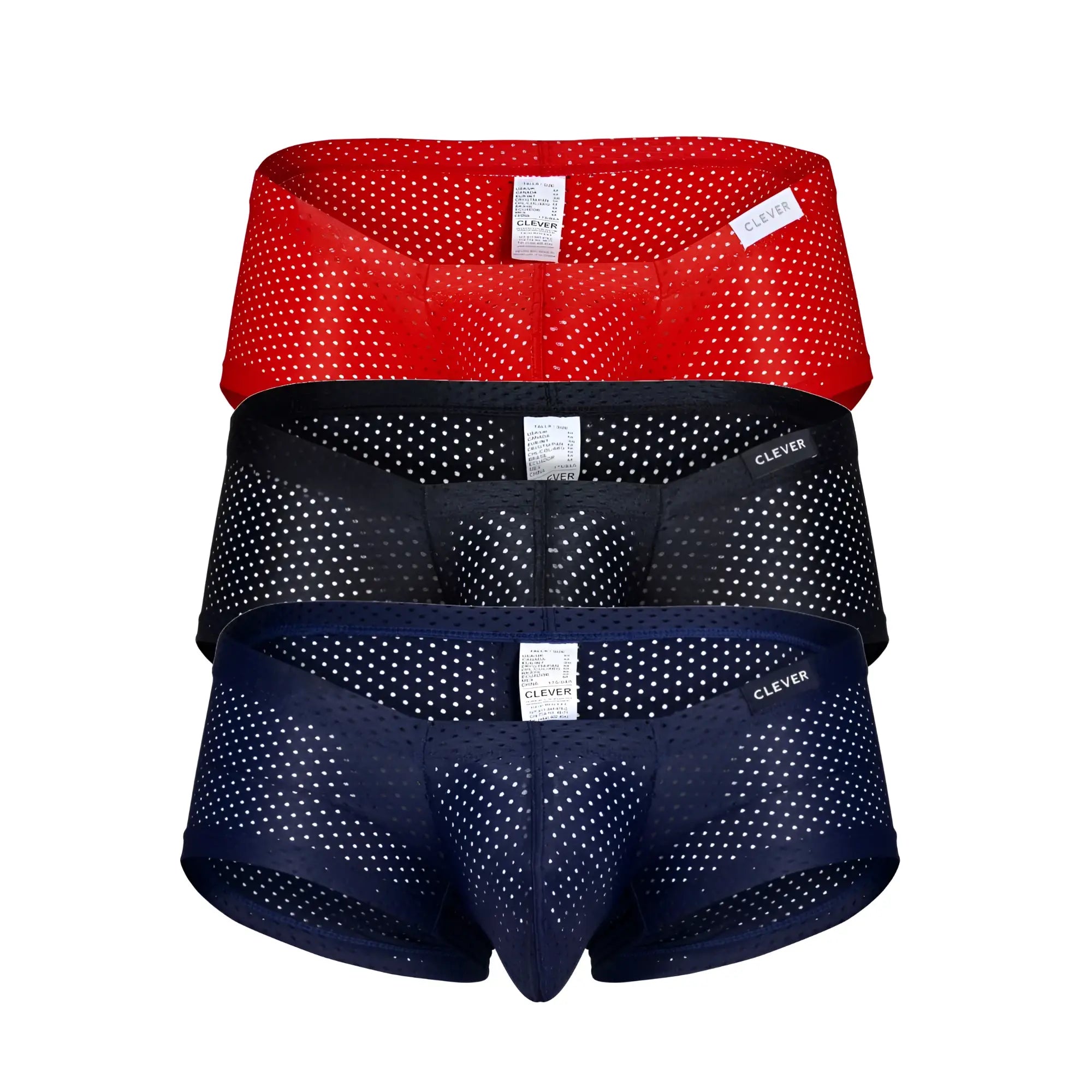 Three pairs of clever australian latin trunks briefs in breathable mesh with white polka dots in black red and blue