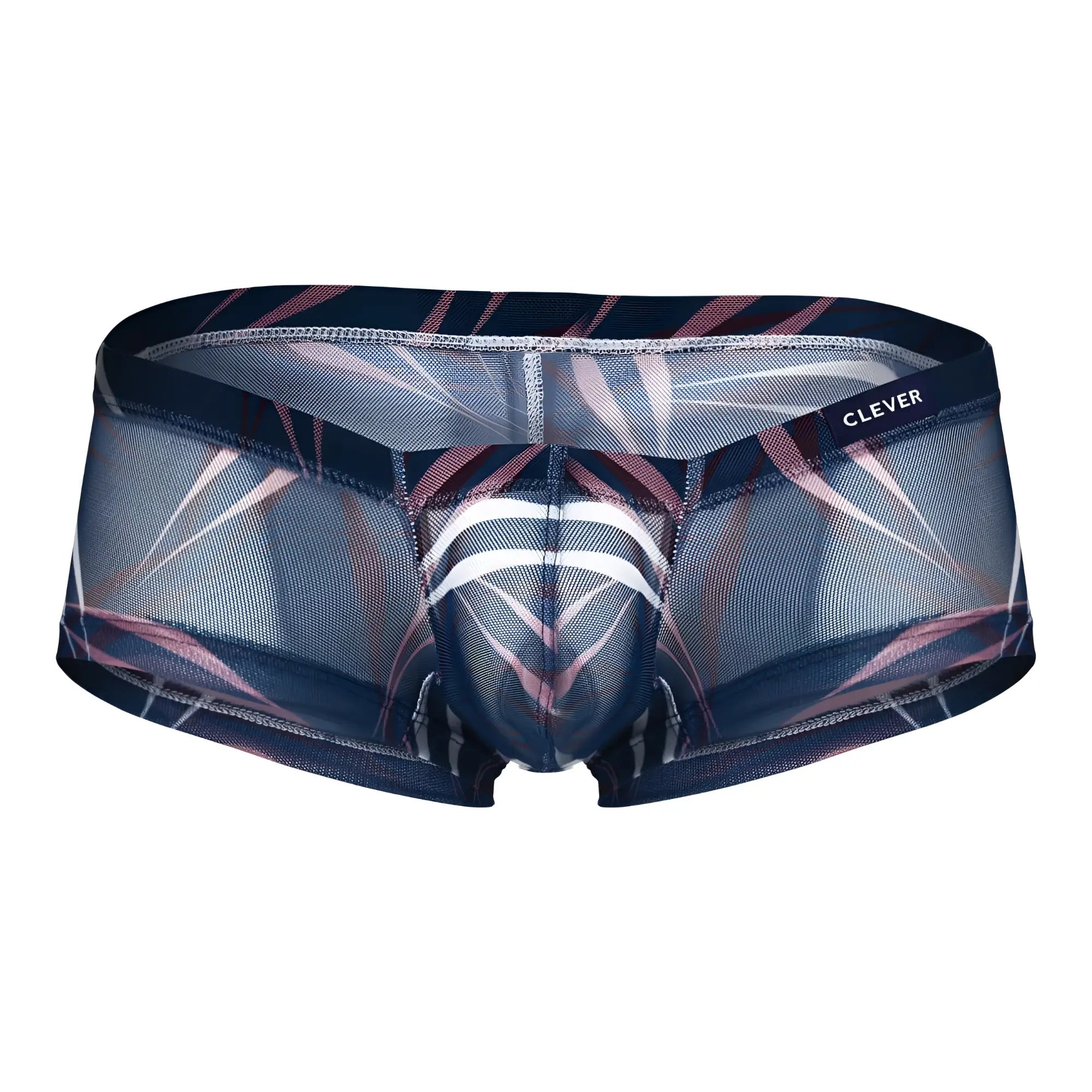 Clever men’s australian latin trunks in navy blue pink and white sheer geometric pattern gray green blue colors