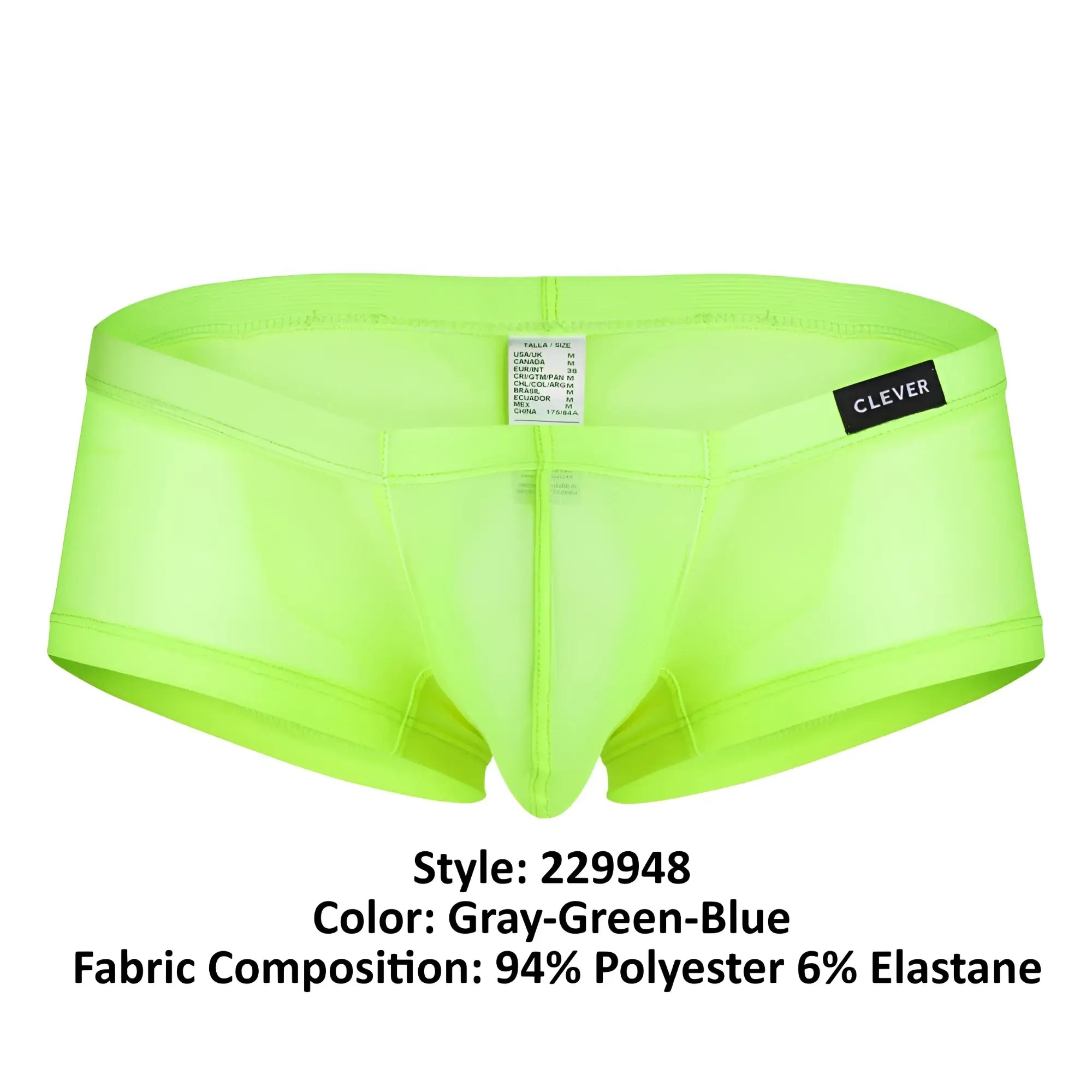 Bright neon green sheer men’s briefs with black clever brand label on waistband from clever 229948 3pk trunks set