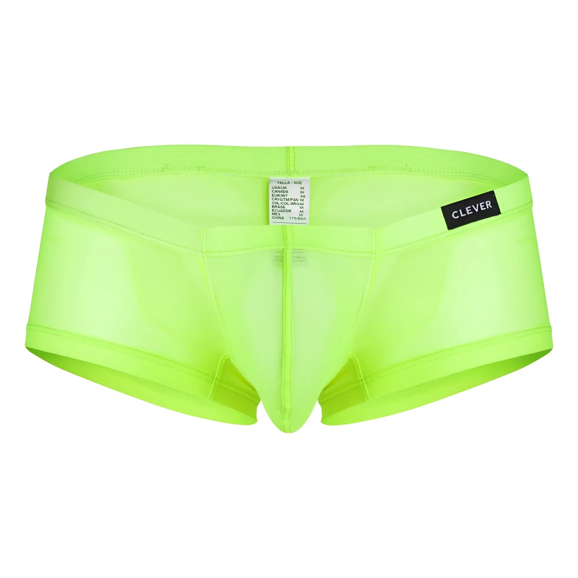 Bright neon green sheer men briefs with black clever brand label on waistband from clever 229948 australian latin trunks pack