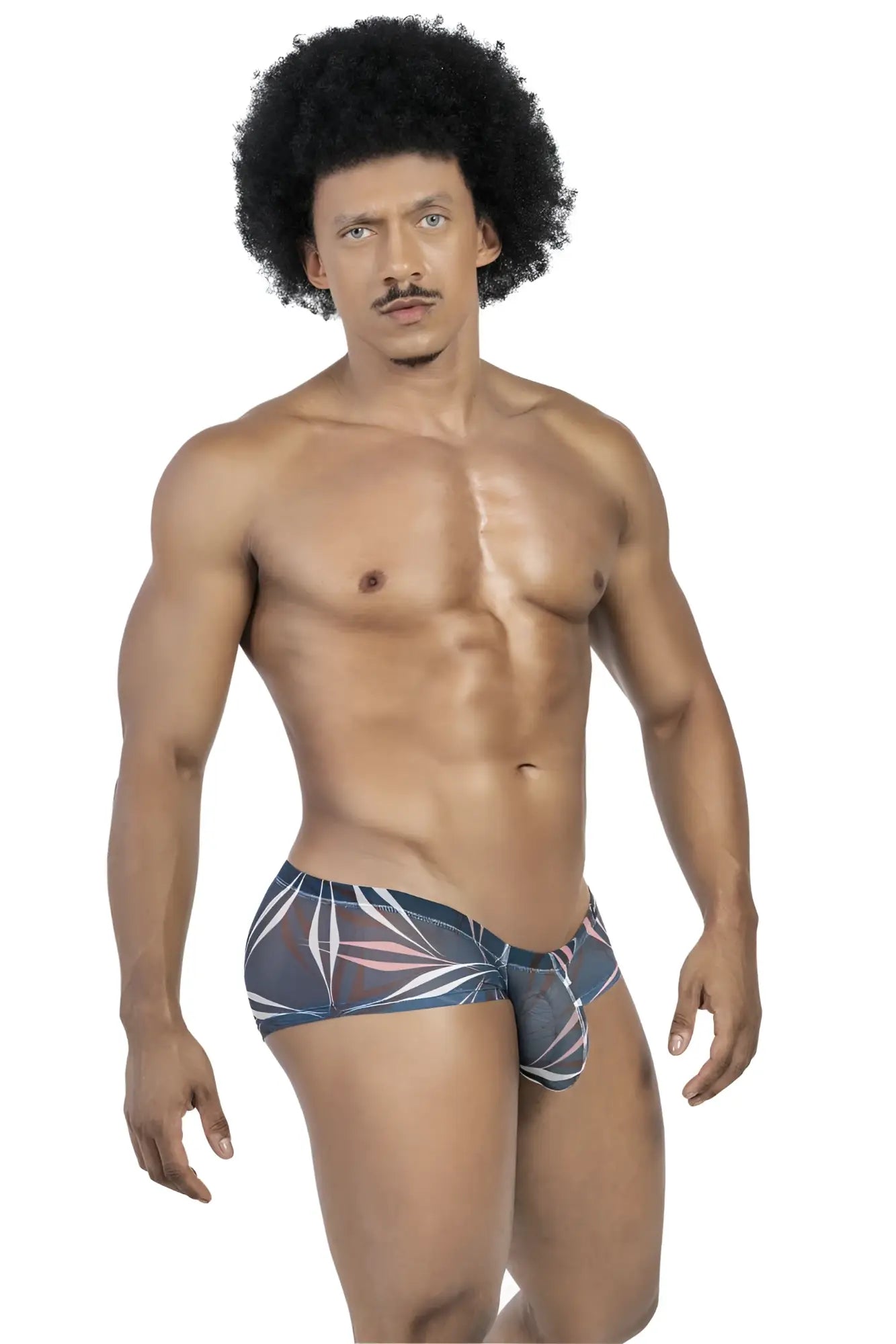 Men’s clever 229948 3pk Australian Latin trunks in dark blue and pink tropical leaf pattern briefs front view