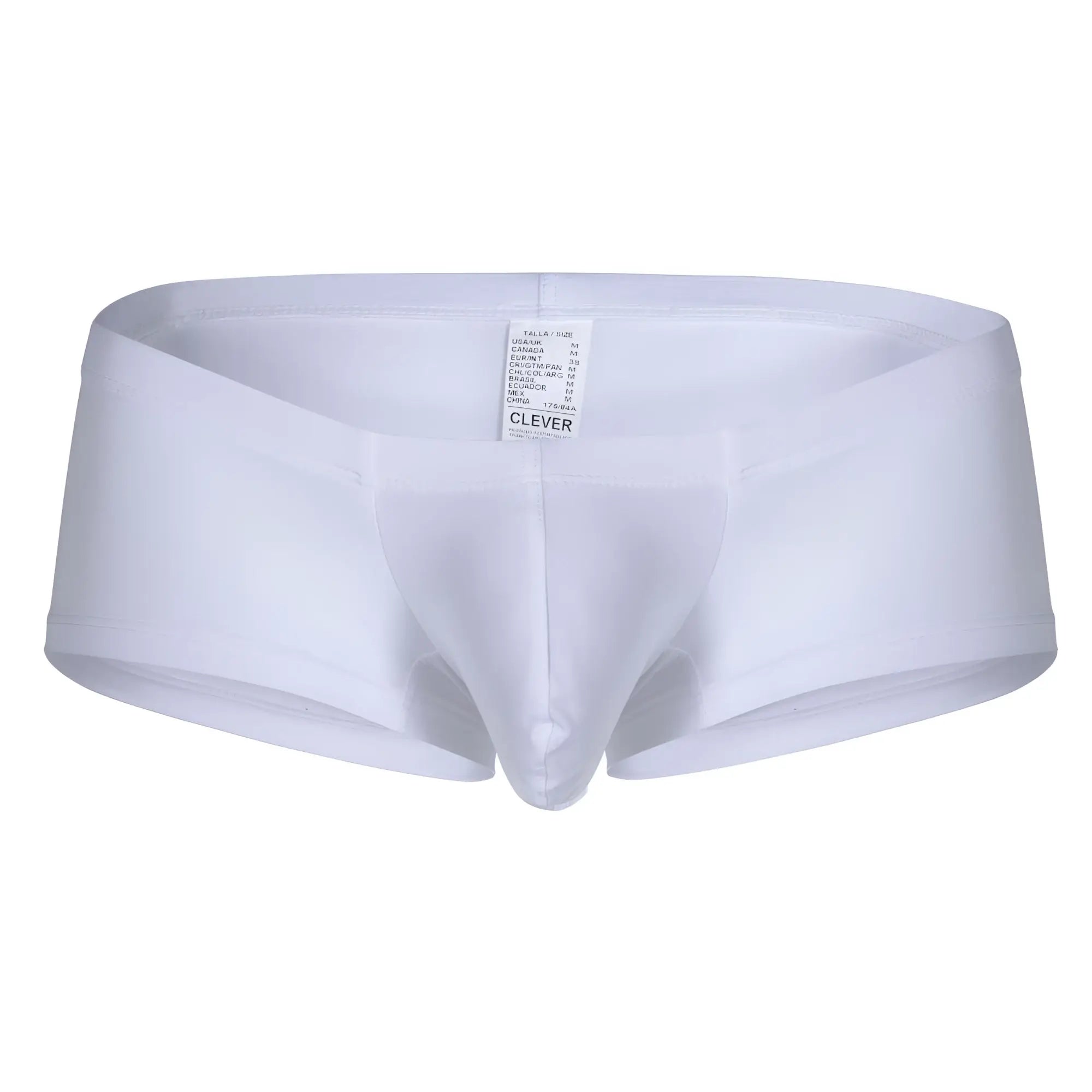 White clever brand mens briefs with a smooth form fitting design in blue white and green colors for everyday wear