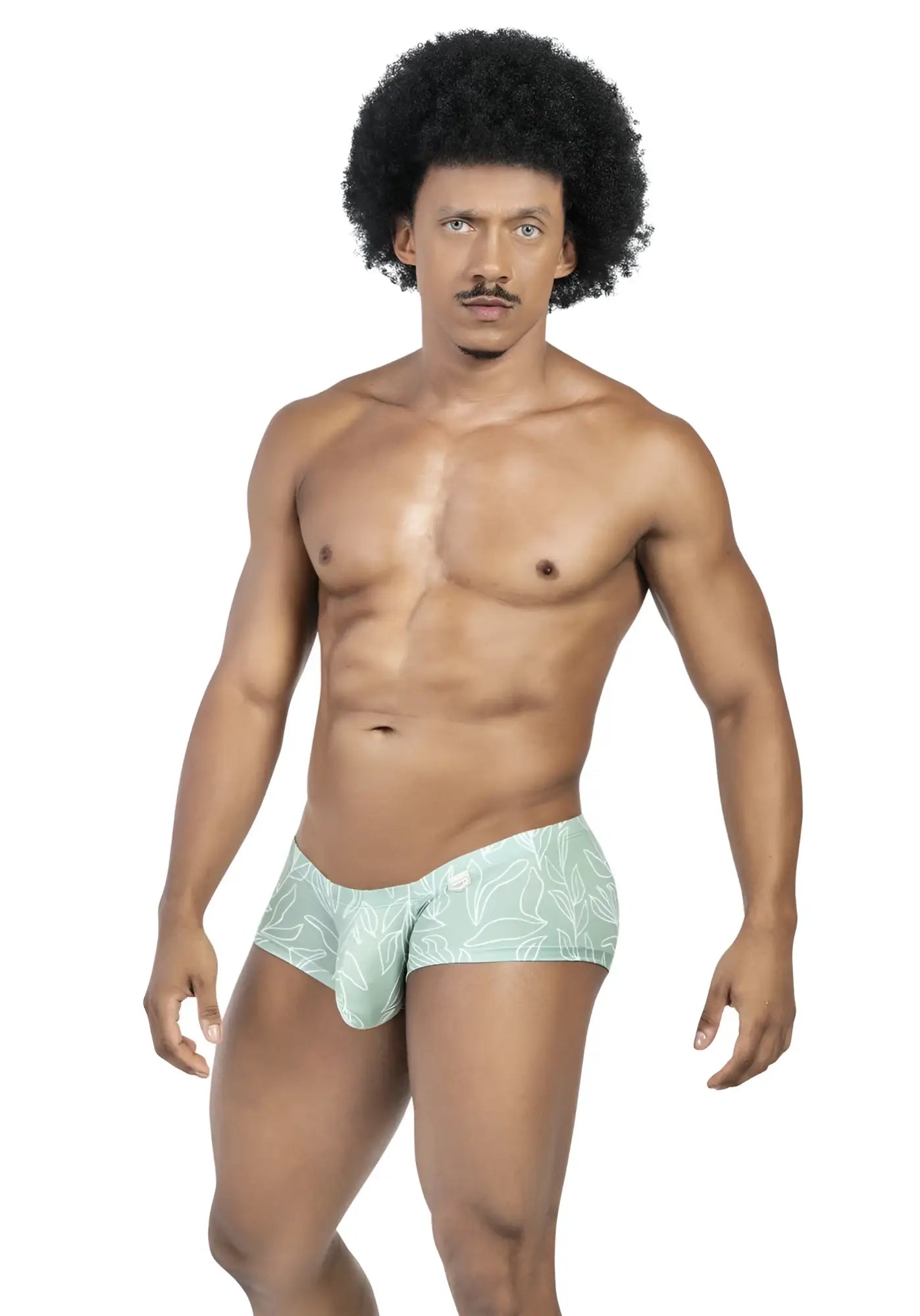 Light green clever australian latin briefs with subtle white leaf pattern part of a blue white green 3pk trunks set