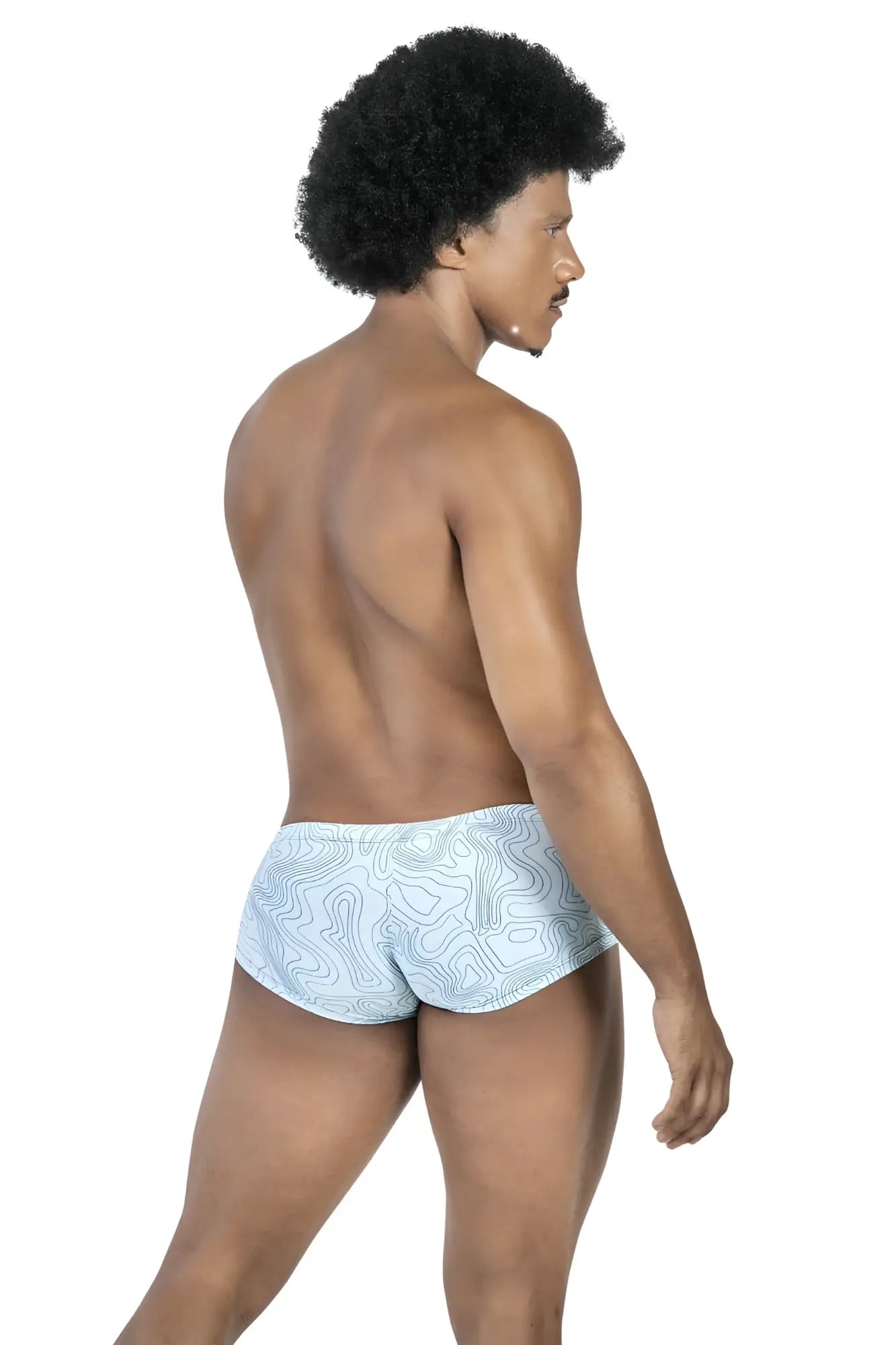 Light blue clever australian latin swim trunks with subtle topographic map pattern in blue white green colors