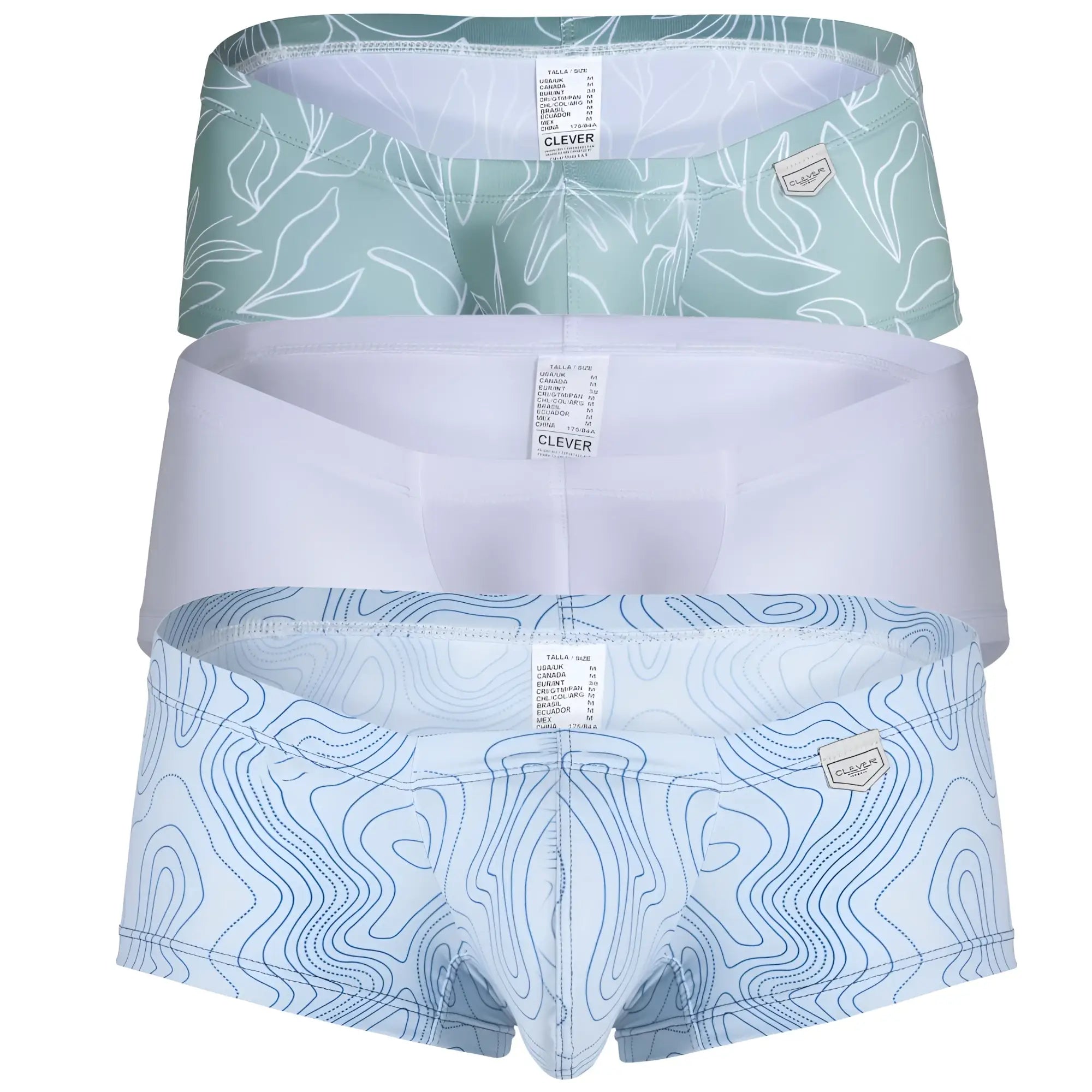 Set of three clever men’s briefs in mint green leaf pattern, solid white, and light blue topographic line design