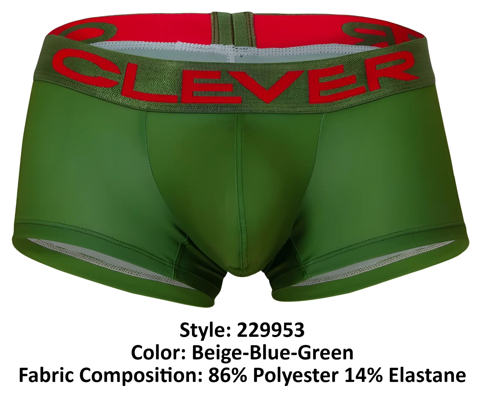 Green clever boxer briefs with red olive green waistband featuring bold red clever branding in clever 229953 trunks