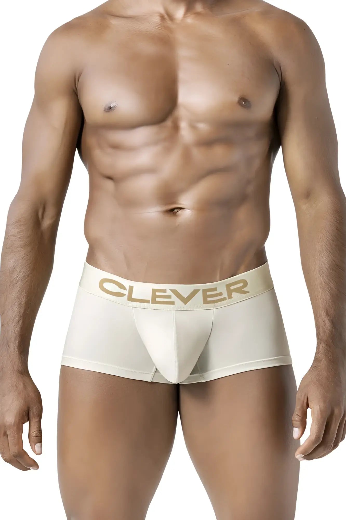 Cream-colored form-fitting boxer briefs with gold clever logo on waistband from clever 229953 3pk australian latin trunks
