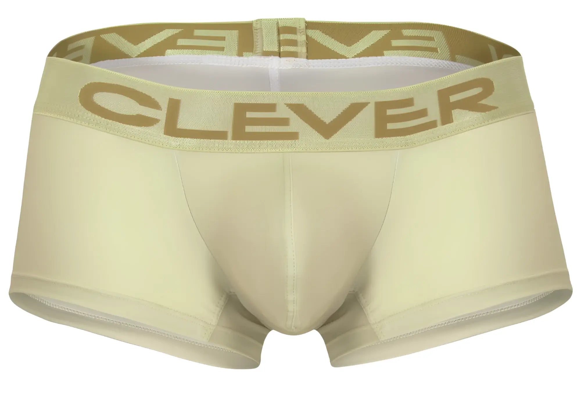 Cream-colored men’s boxer briefs with a gold clever logo band from the Clever 229953 3PK Australian Latin trunks set