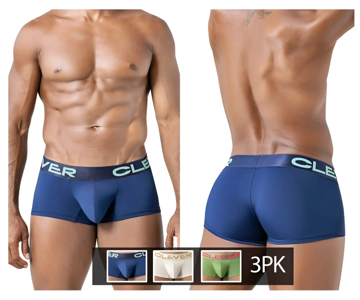 Blue men’s boxer briefs with a light green clever waistband from clever 229953 3pk australian latin trunks set